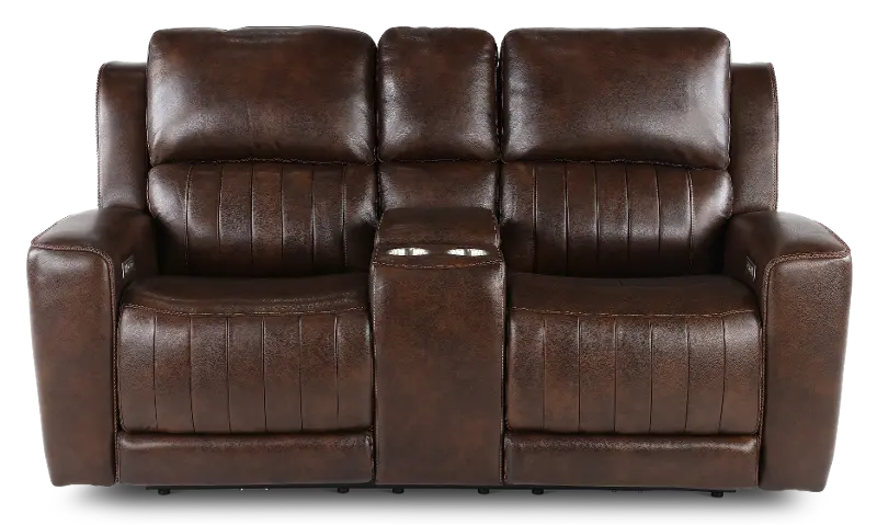 Pierce Chocolate Dark Brown Power Reclining Loveseat with Console