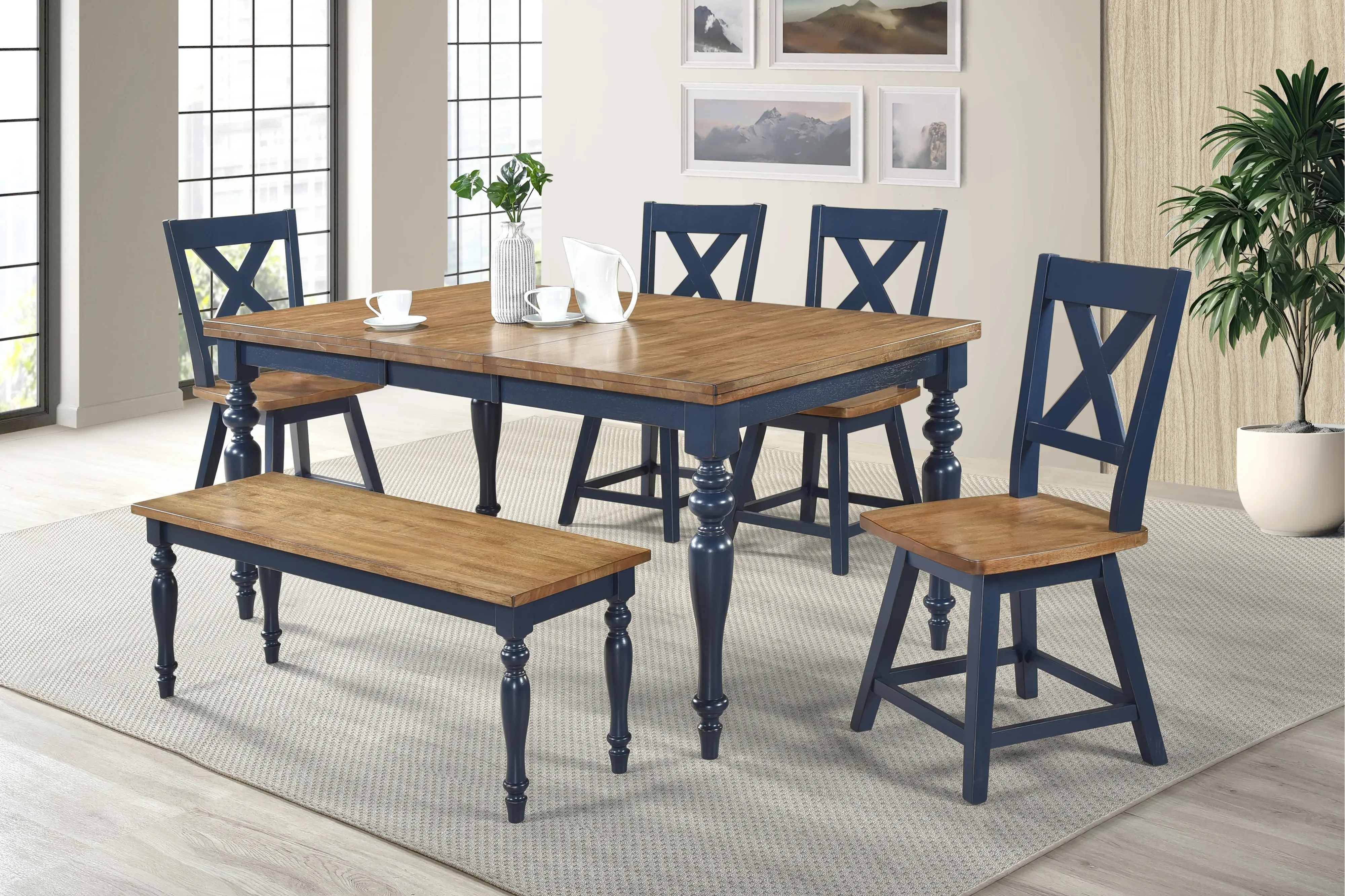 Carmen Oak and Blue Dining Bench-2