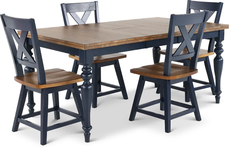 Carmen Oak and Blue 5 Piece Dining Set