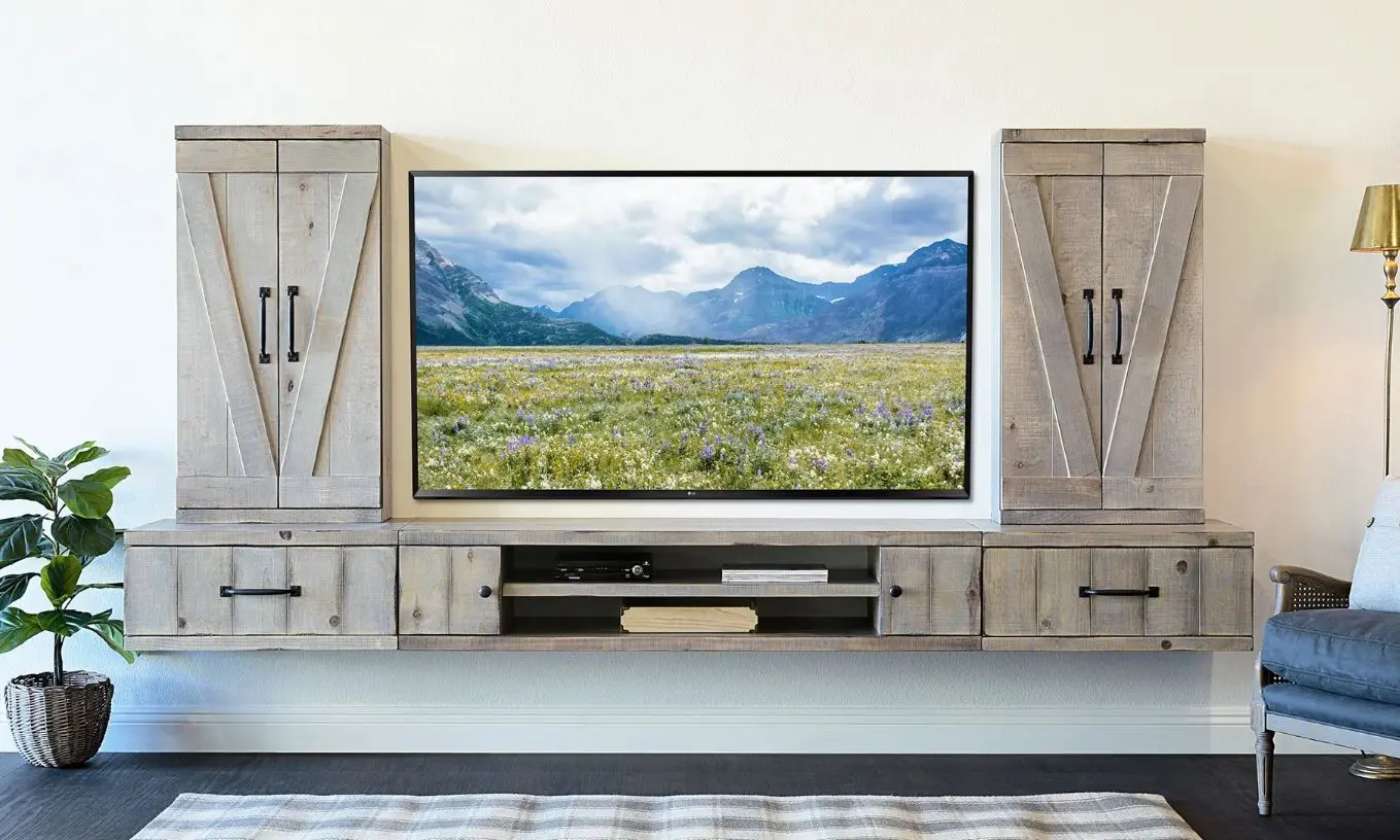 Farmhouse Gray Wall Mounted TV Stand with Modular Barndoor Consoles-2