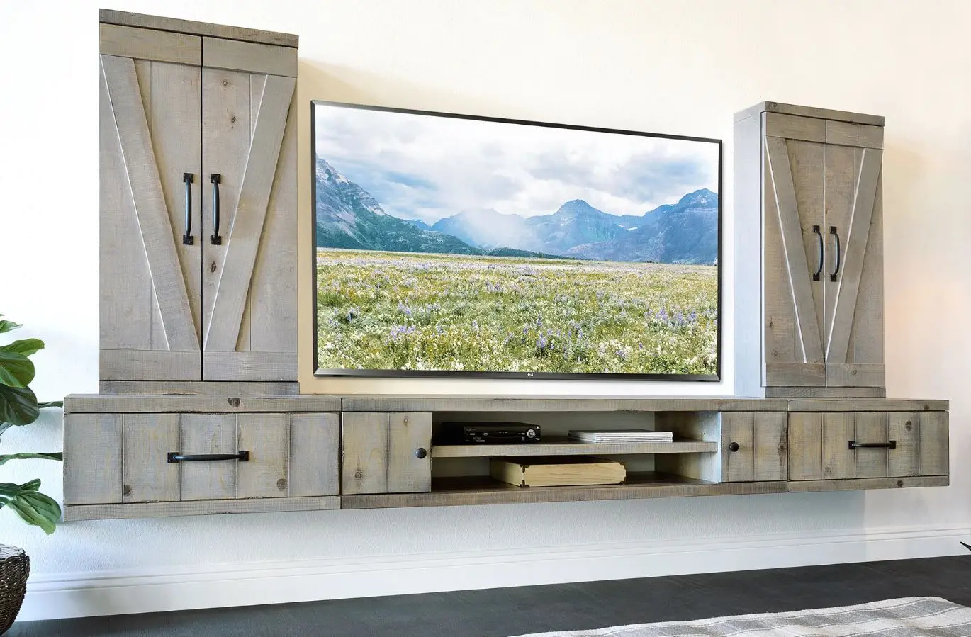 Farmhouse Gray Wall Mounted TV Stand with Modular Barndoor Consoles-3