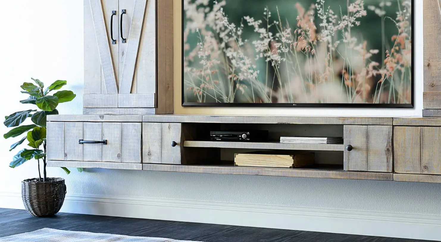 Farmhouse Gray Wall Mounted TV Stand with Modular Barndoor Consoles-4