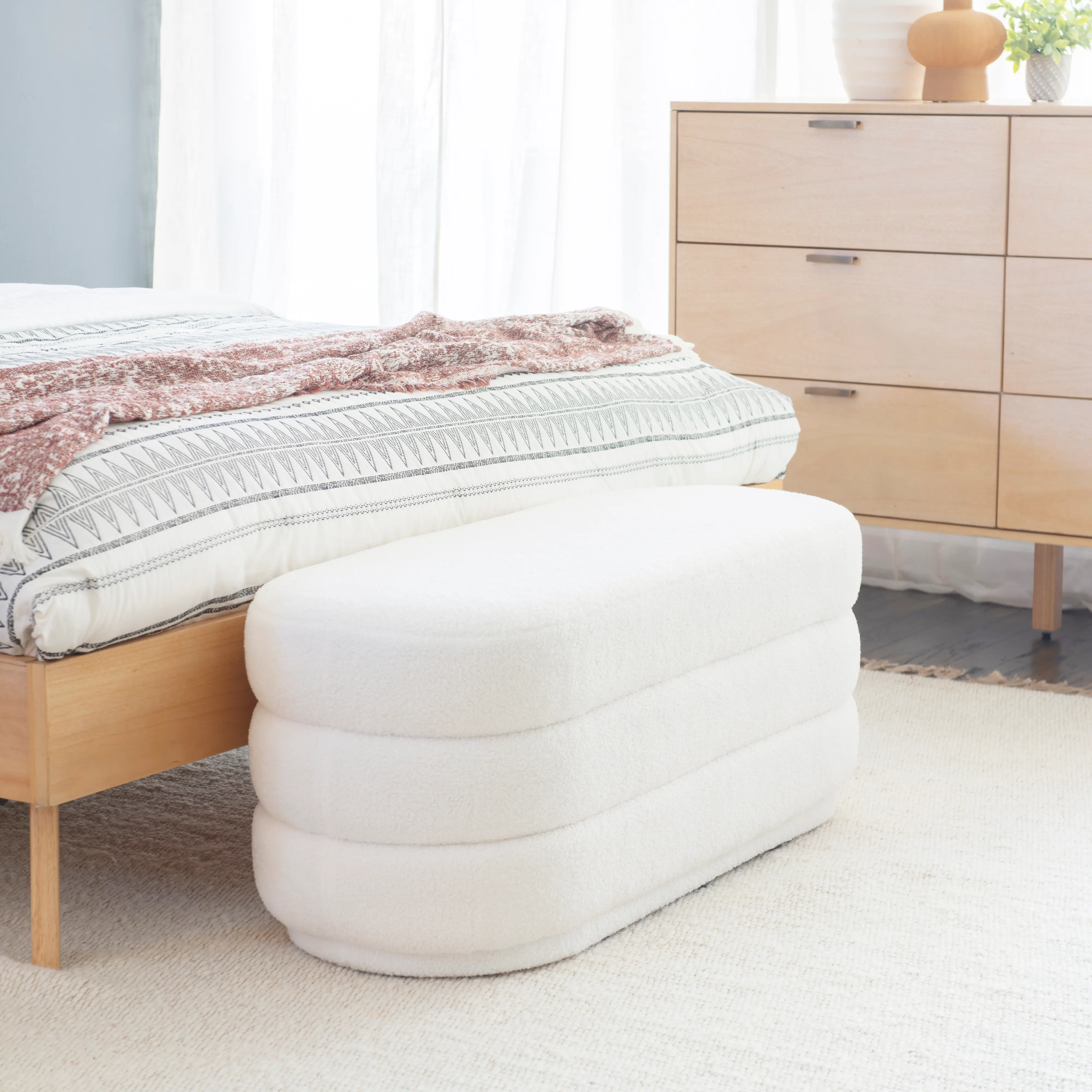 Lisa White Sherpa Oblong Ottoman-1