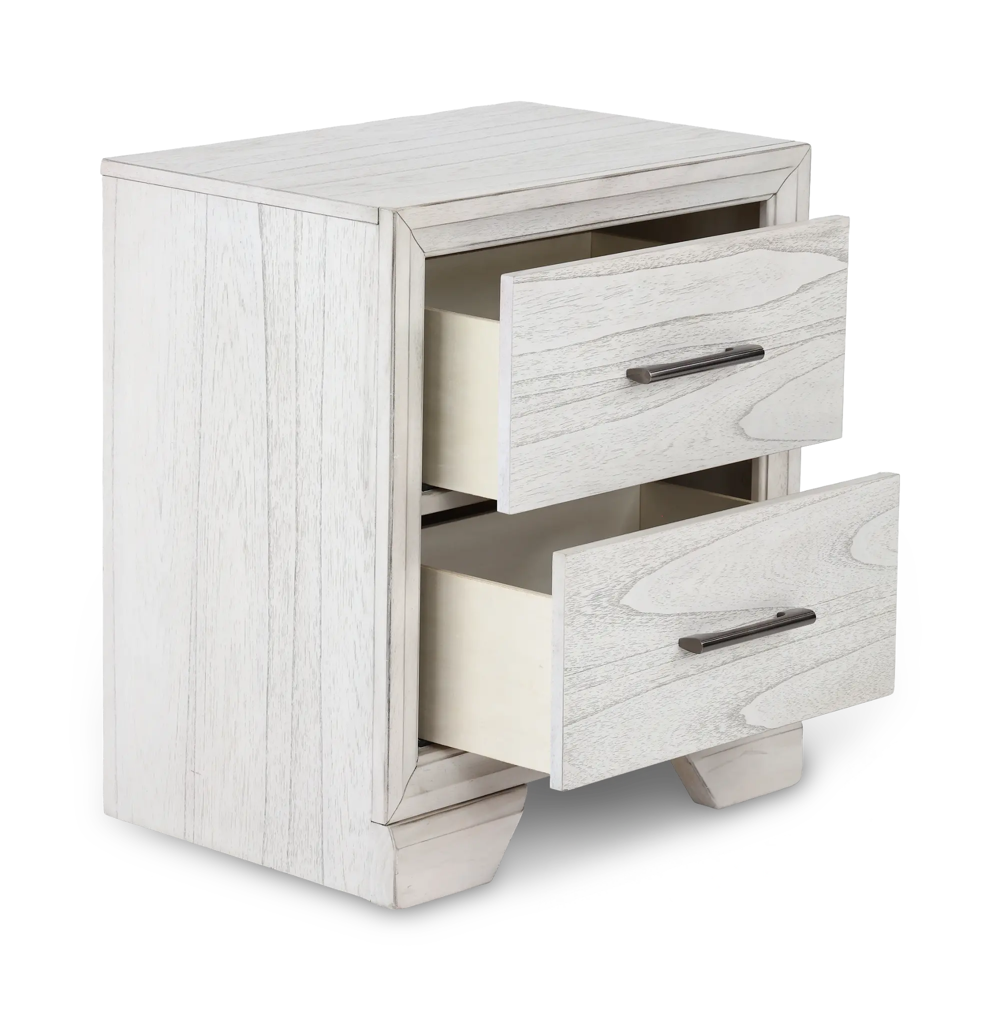 Whitewashed nightstand with two drawers and angled feet, front view