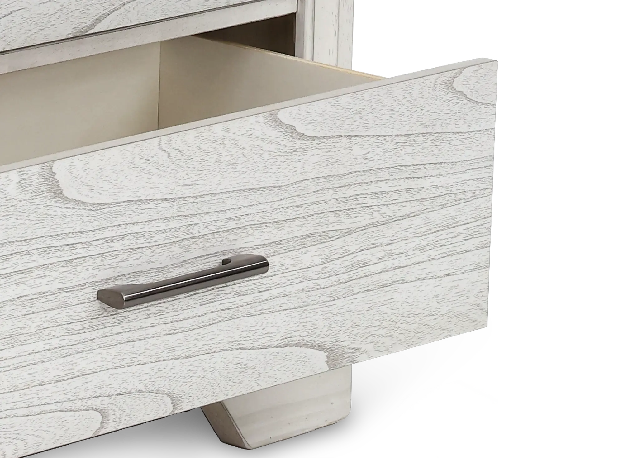 Open drawers of whitewashed nightstand showing interior storage