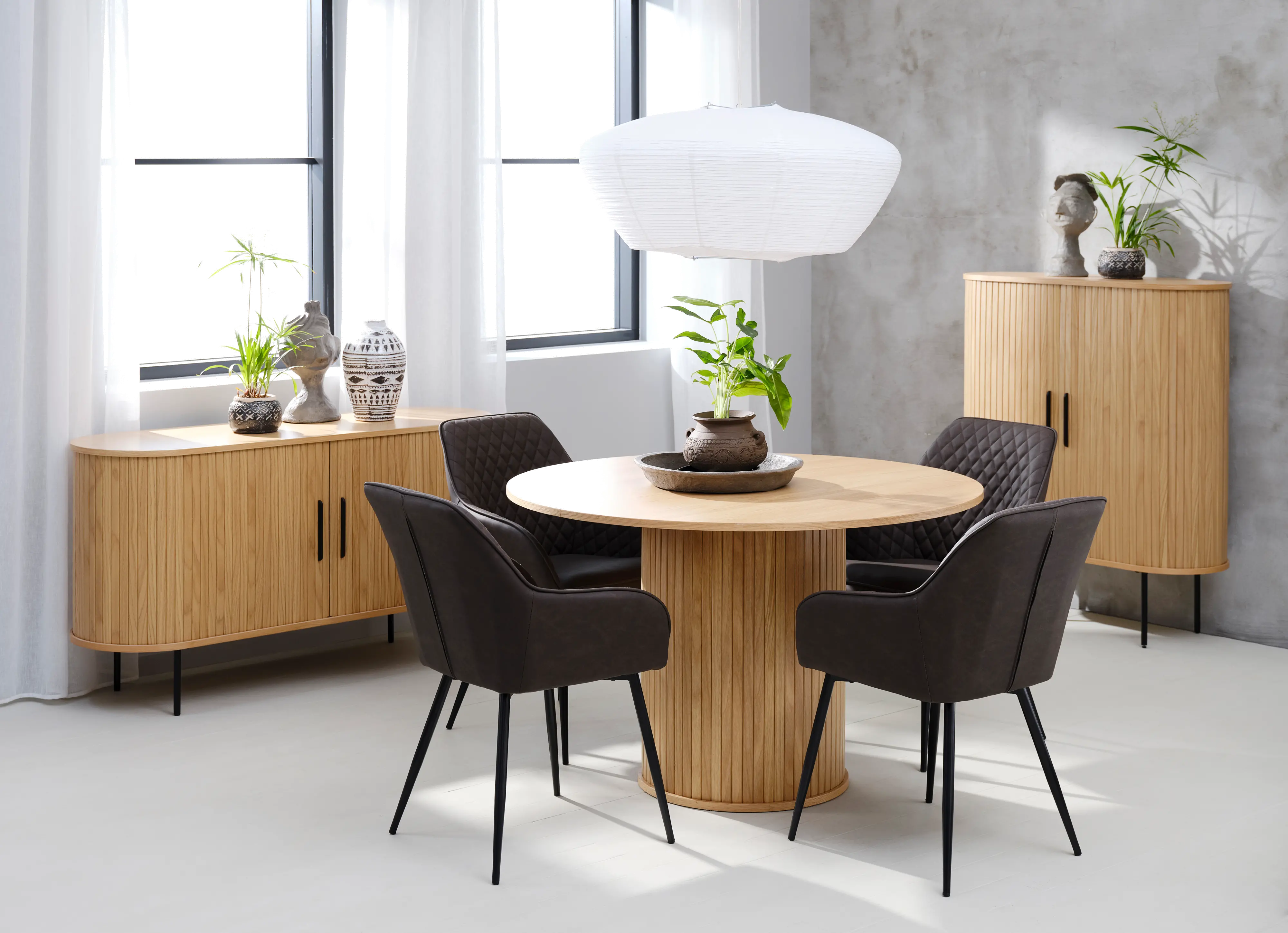 Nola Natural Oak Round Dining Table with Slatted Pedestal Base-2
