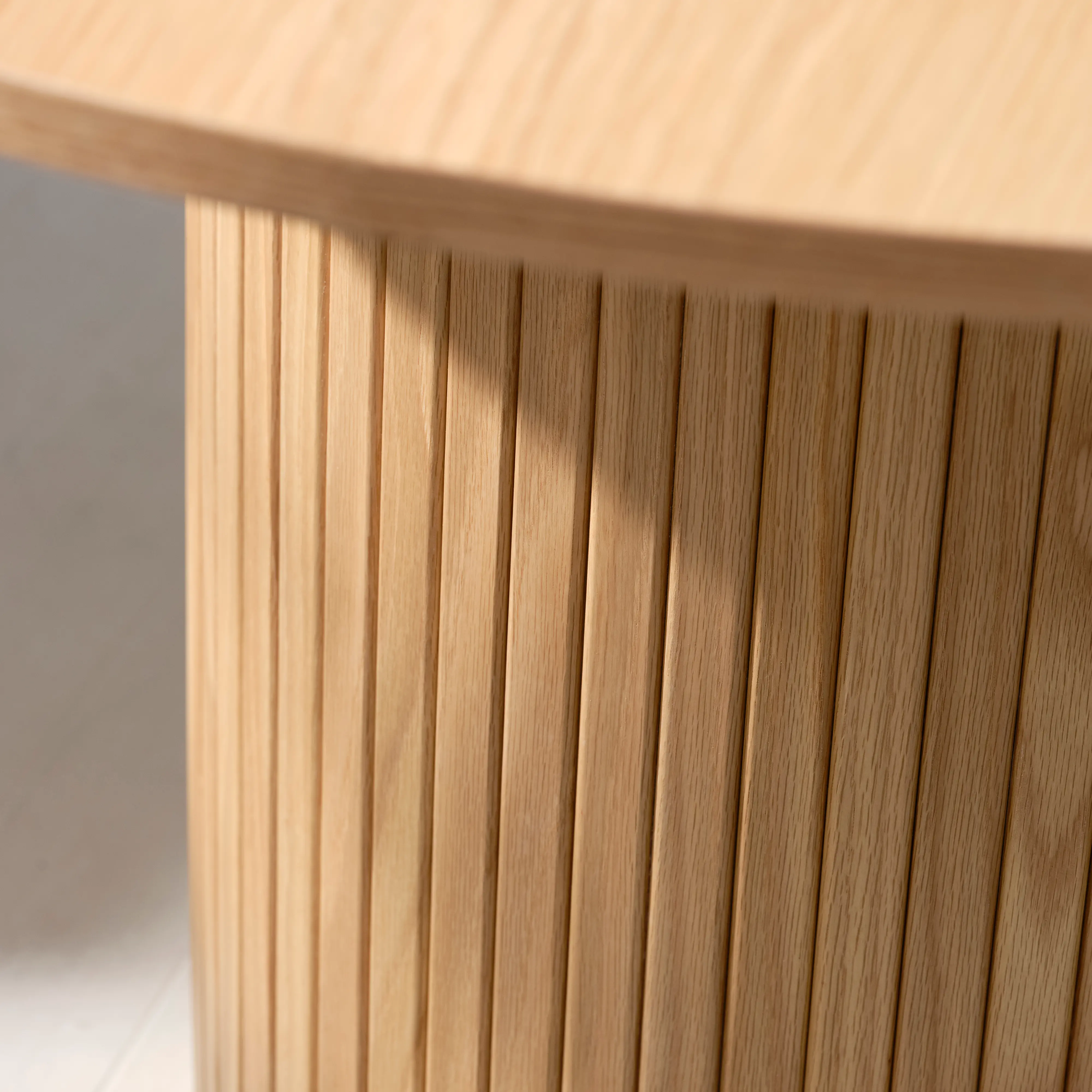 Nola Natural Oak Round Dining Table with Slatted Pedestal Base-6