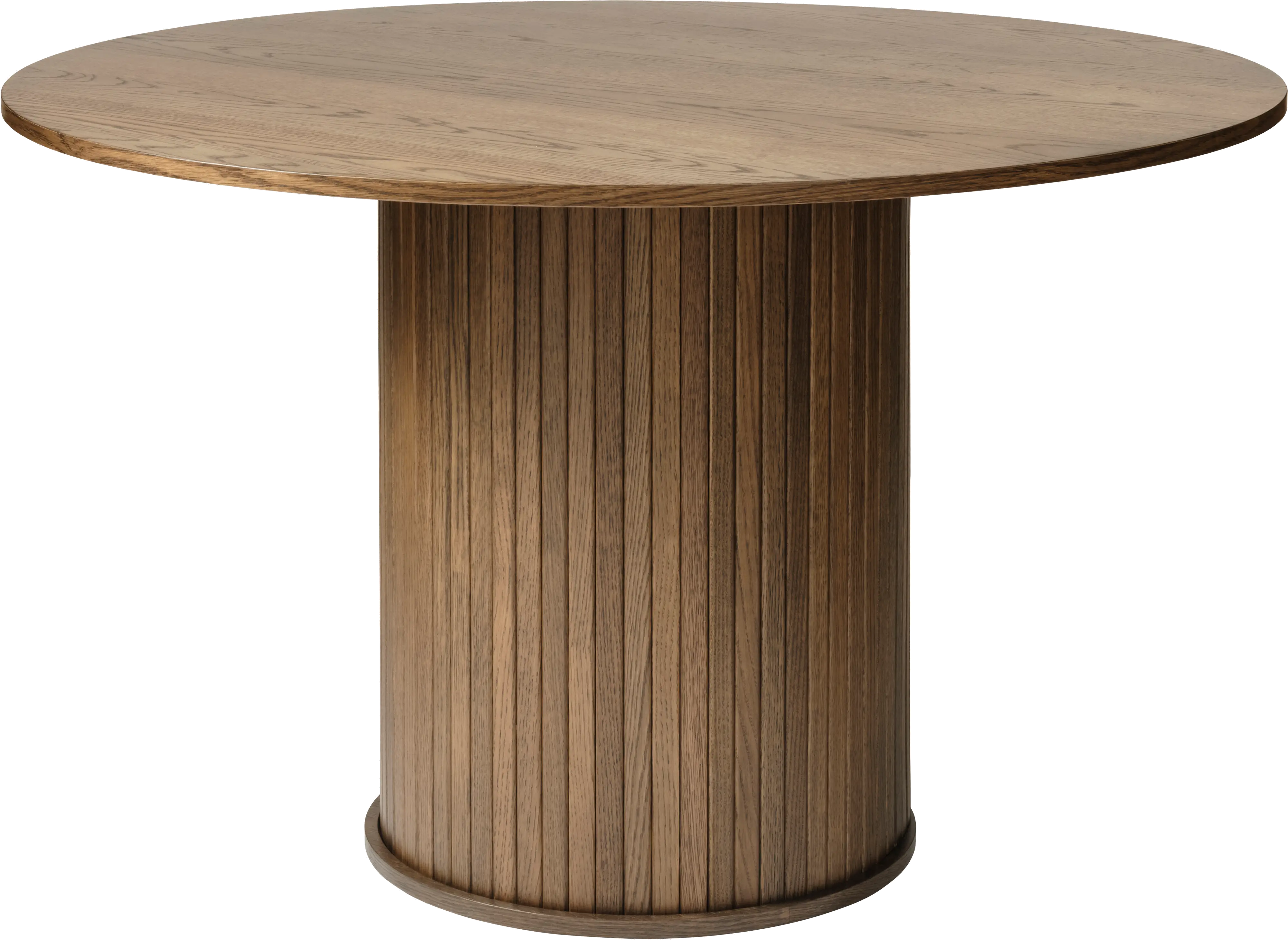 Nola Brown Oak Round Dining Table with Slatted Pedestal Base-1