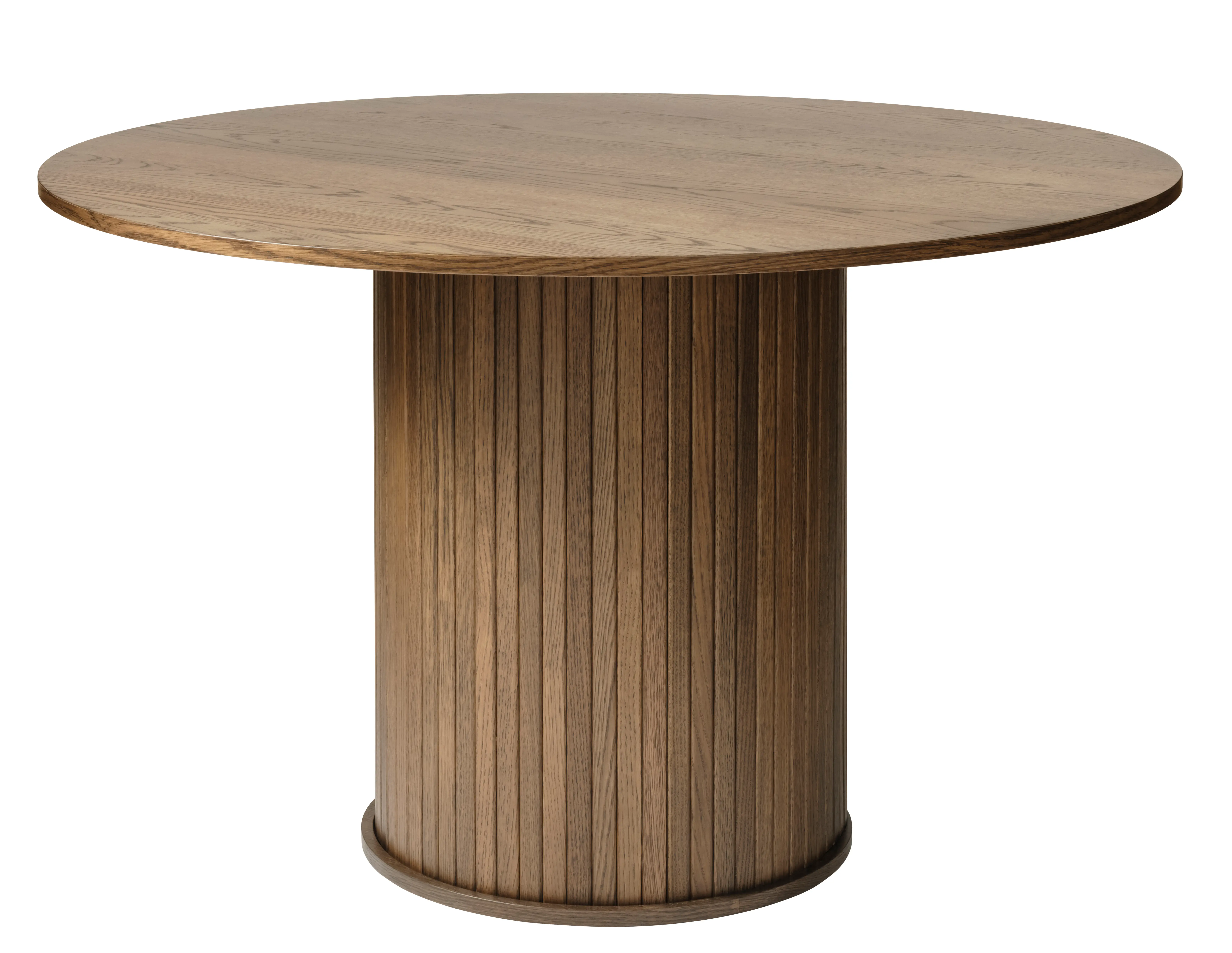 Nola Brown Oak Round Dining Table with Slatted Pedestal Base-1