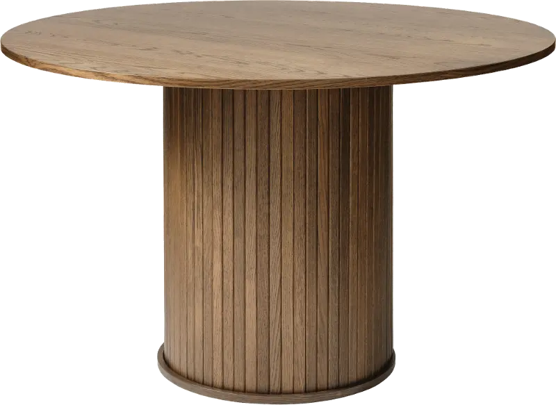 Nola Brown Oak Round Dining Table with Slatted Pedestal Base