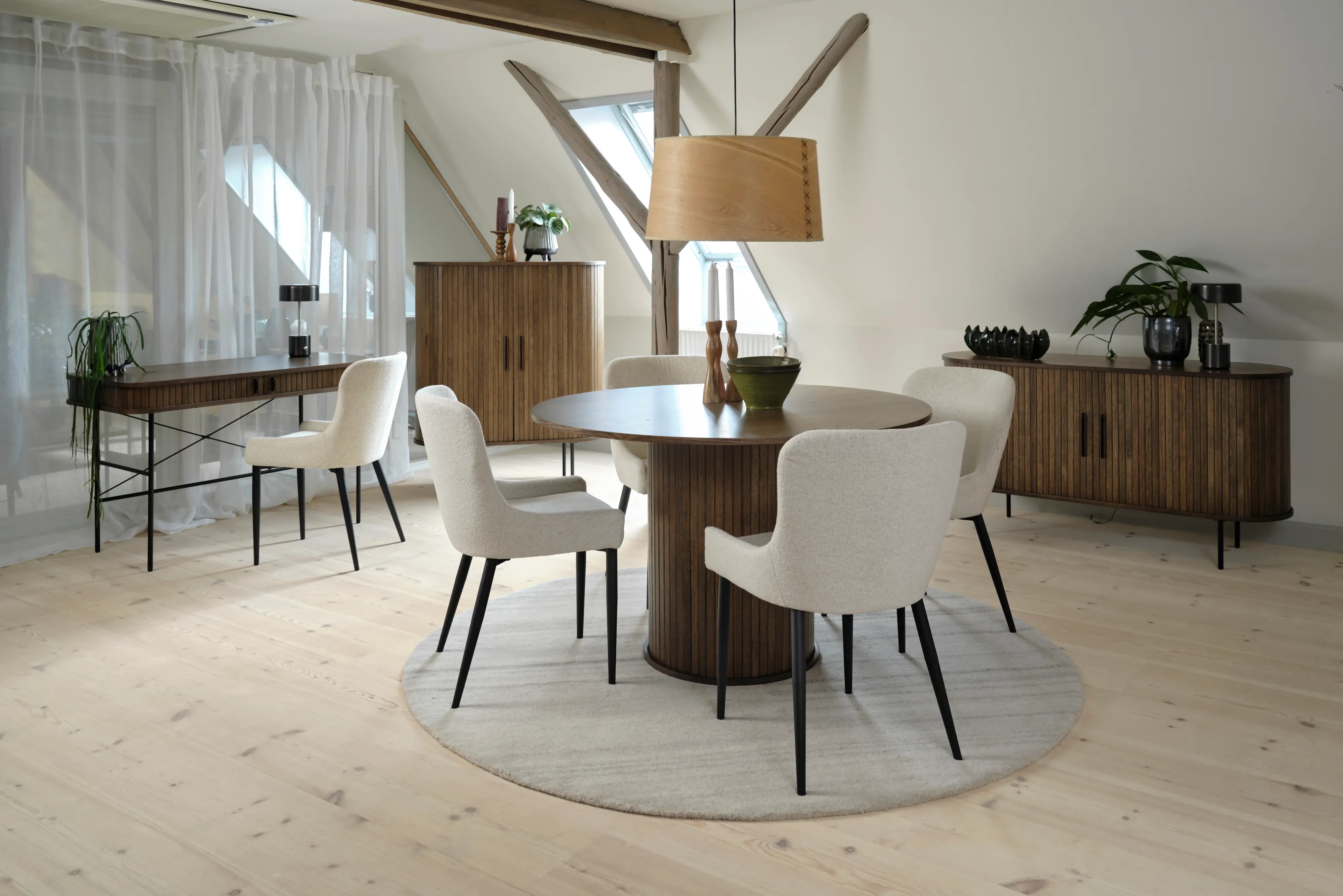 Nola Brown Oak Round Dining Table with Slatted Pedestal Base-2