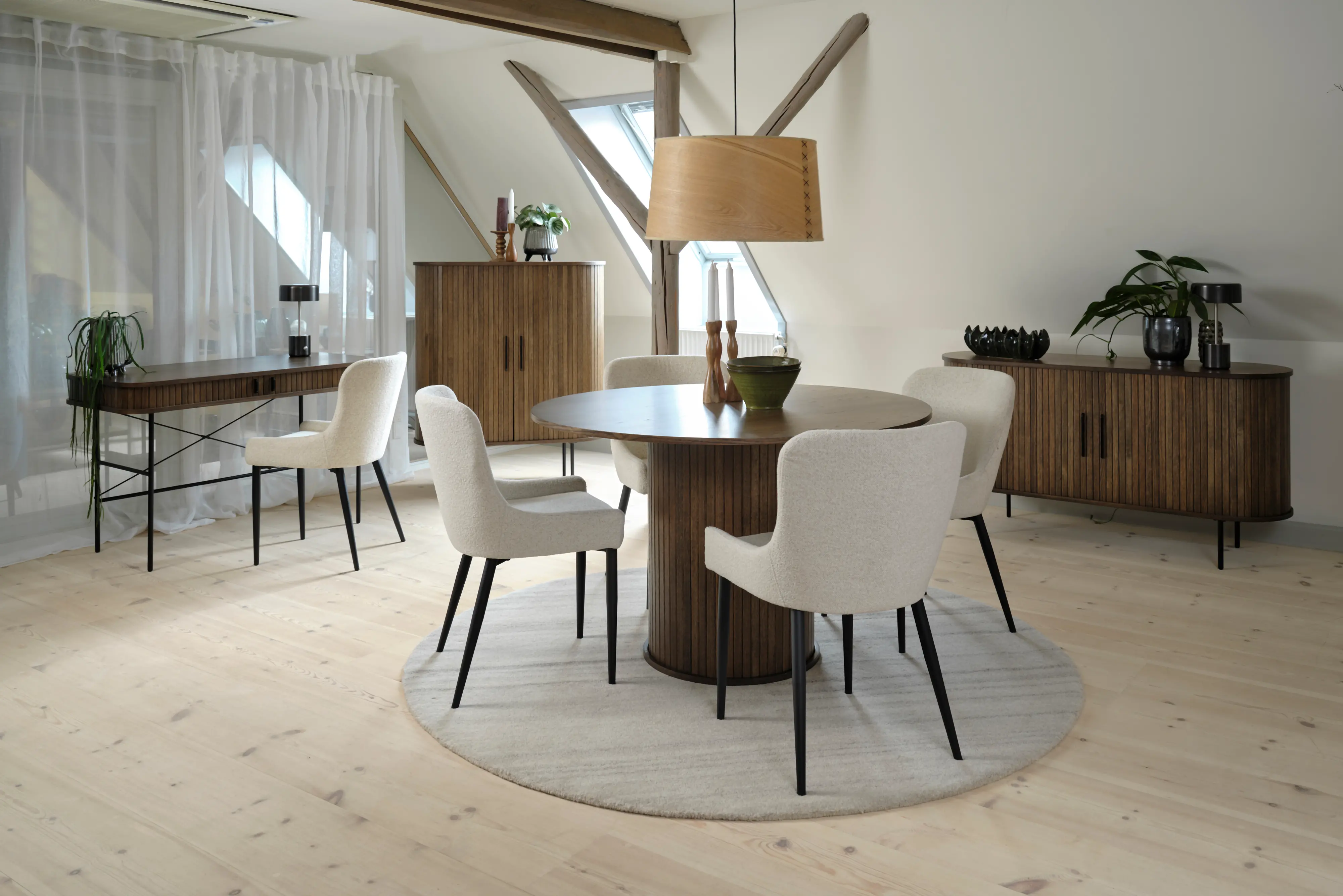 Nola Brown Oak Round Dining Table with Slatted Pedestal Base-2