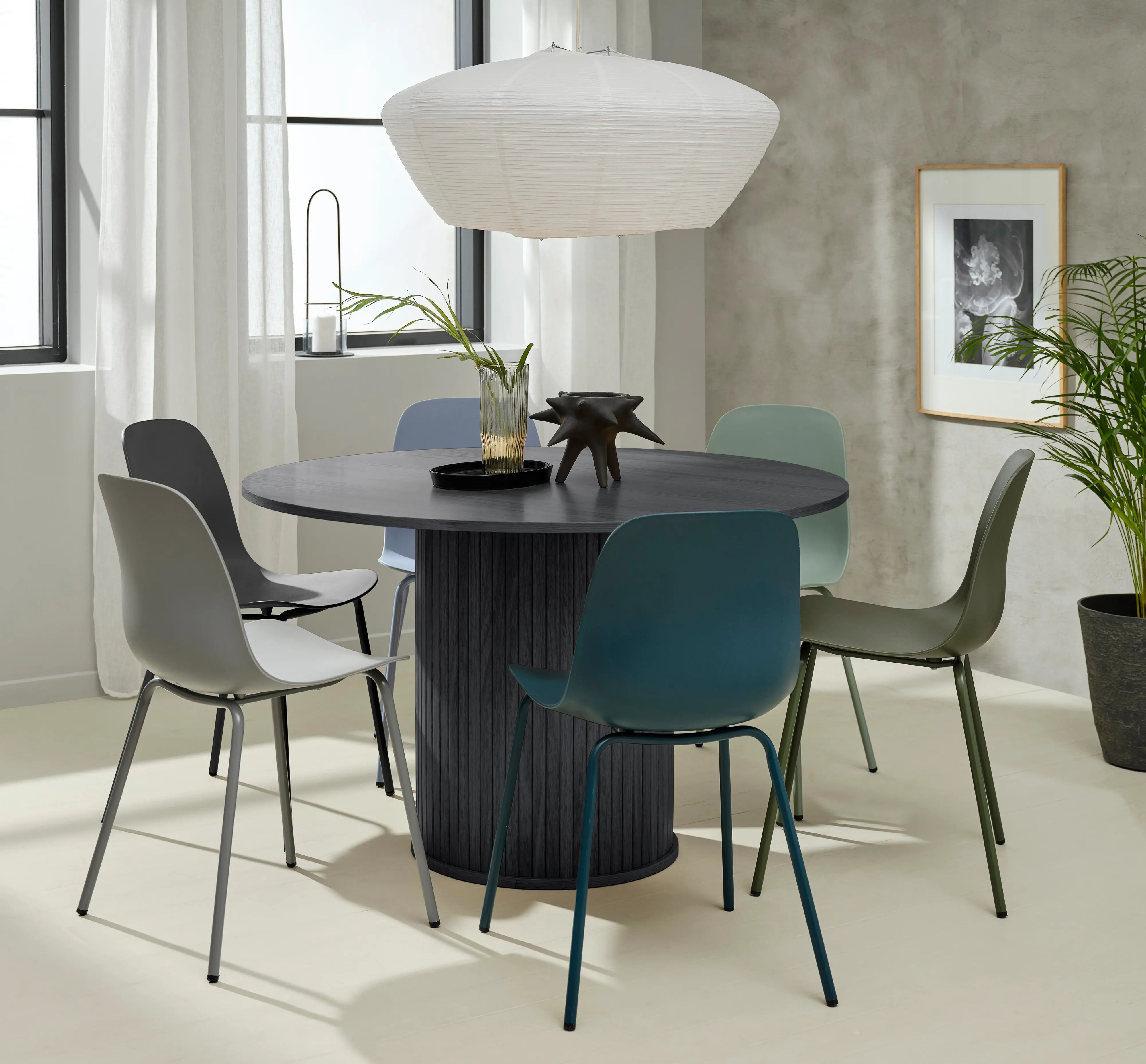 Nola Black Oak Round Dining Table with Slatted Pedestal Base-2