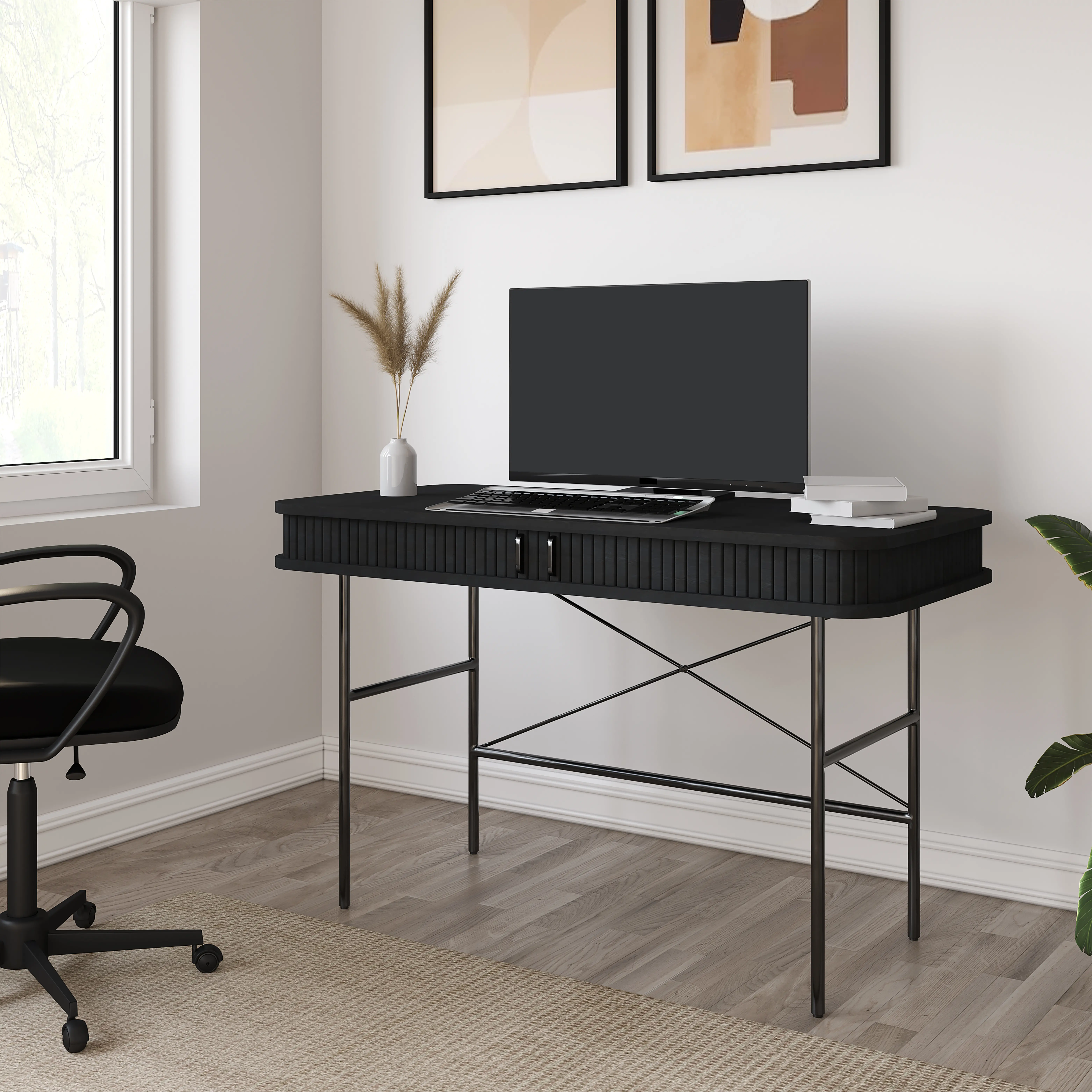 Nola Black Desk with Sliding Panel Doors-2