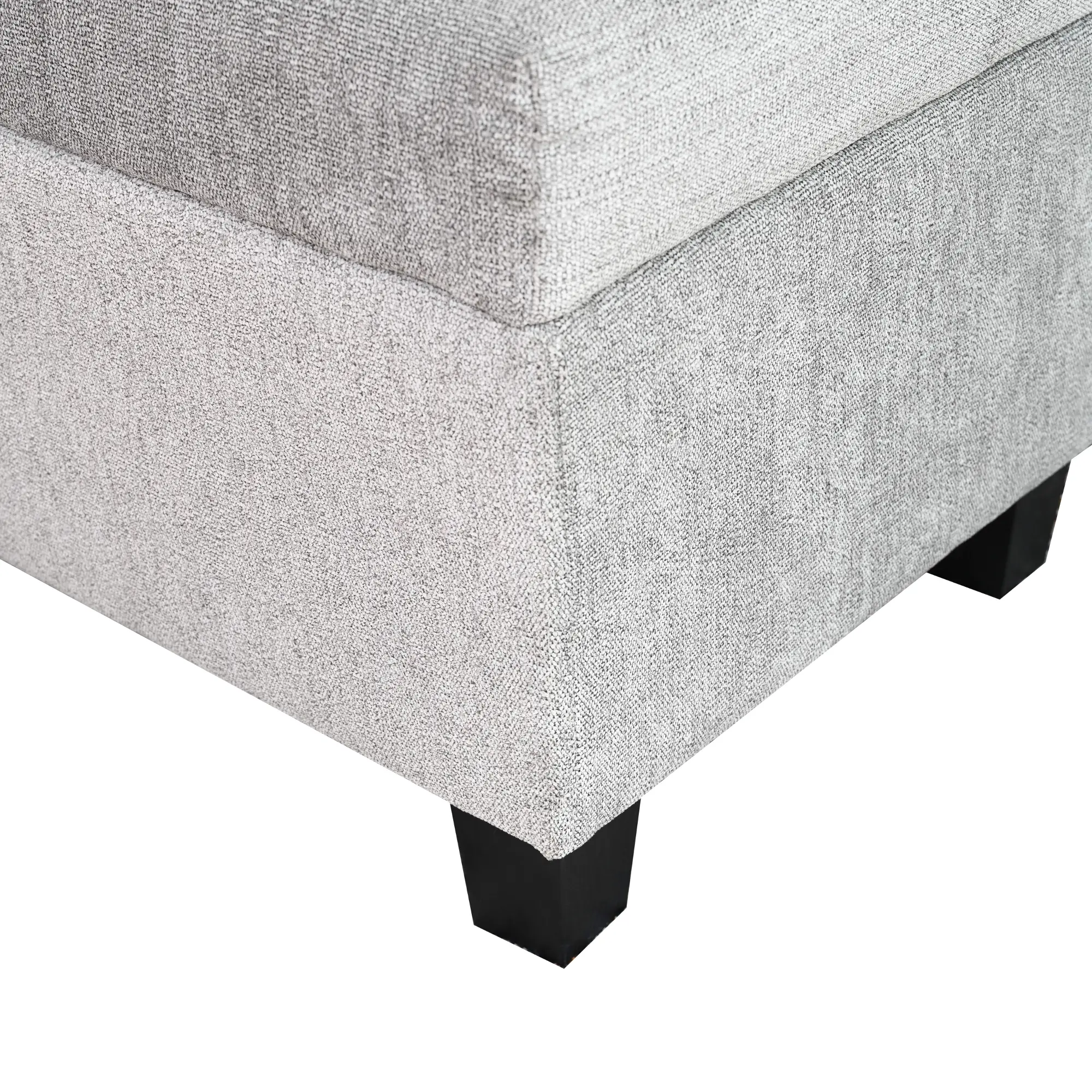 Dimensions graphic of a grey fabric ottoman showing 64" length, 19" height, 17" width.