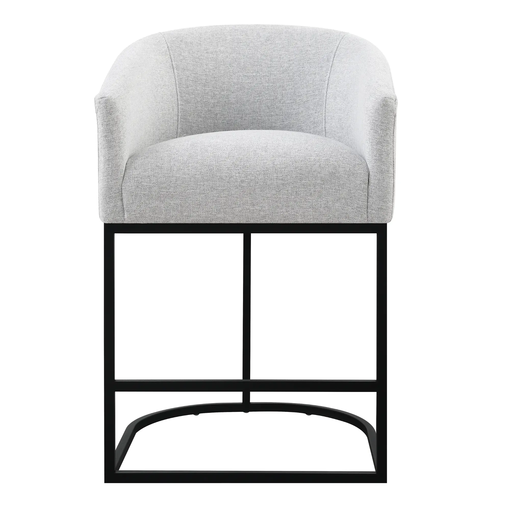 Close-up of the grey upholstered seat and back of a bar stool with black metal legs.