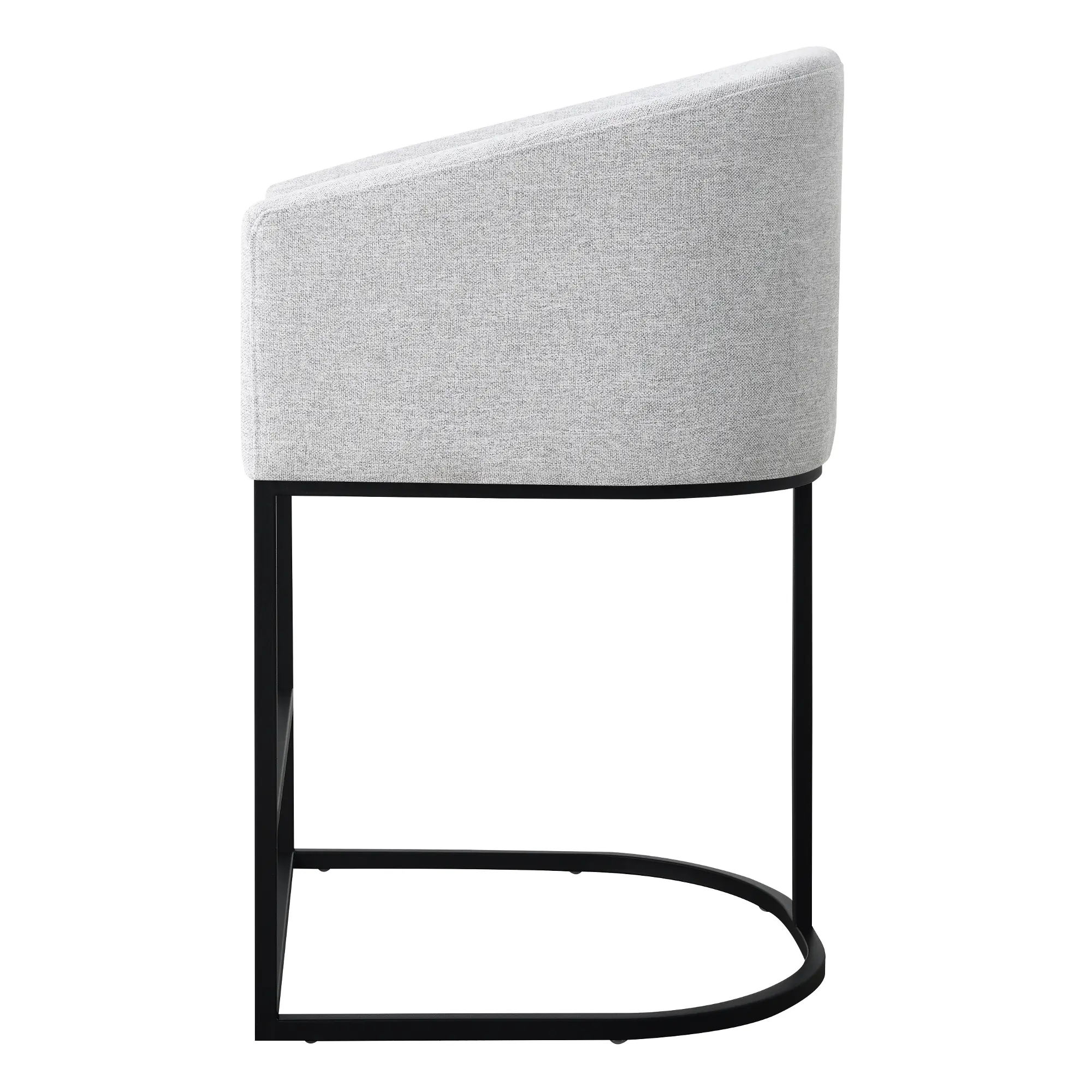 Right side view of a grey upholstered bar stool showing its curved back and black frame.