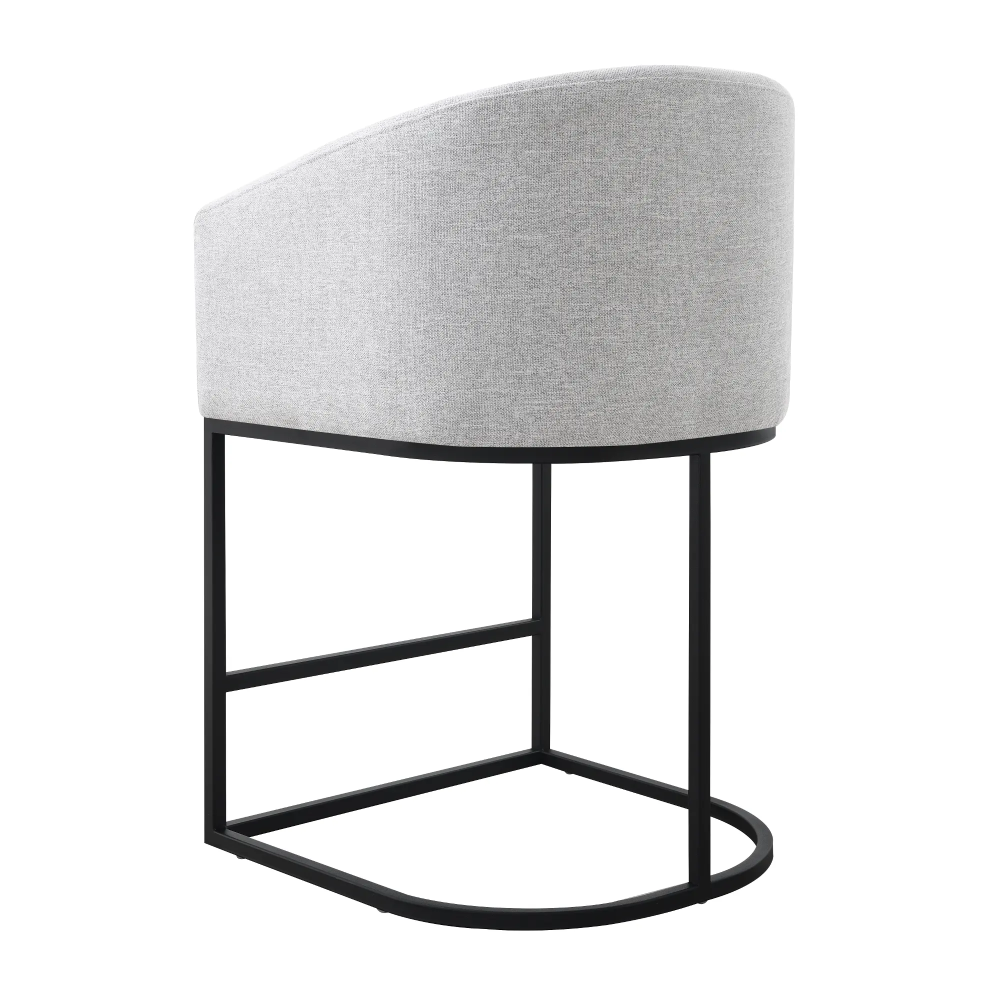 Back view of a grey upholstered bar stool showing the curved outer back and black frame.