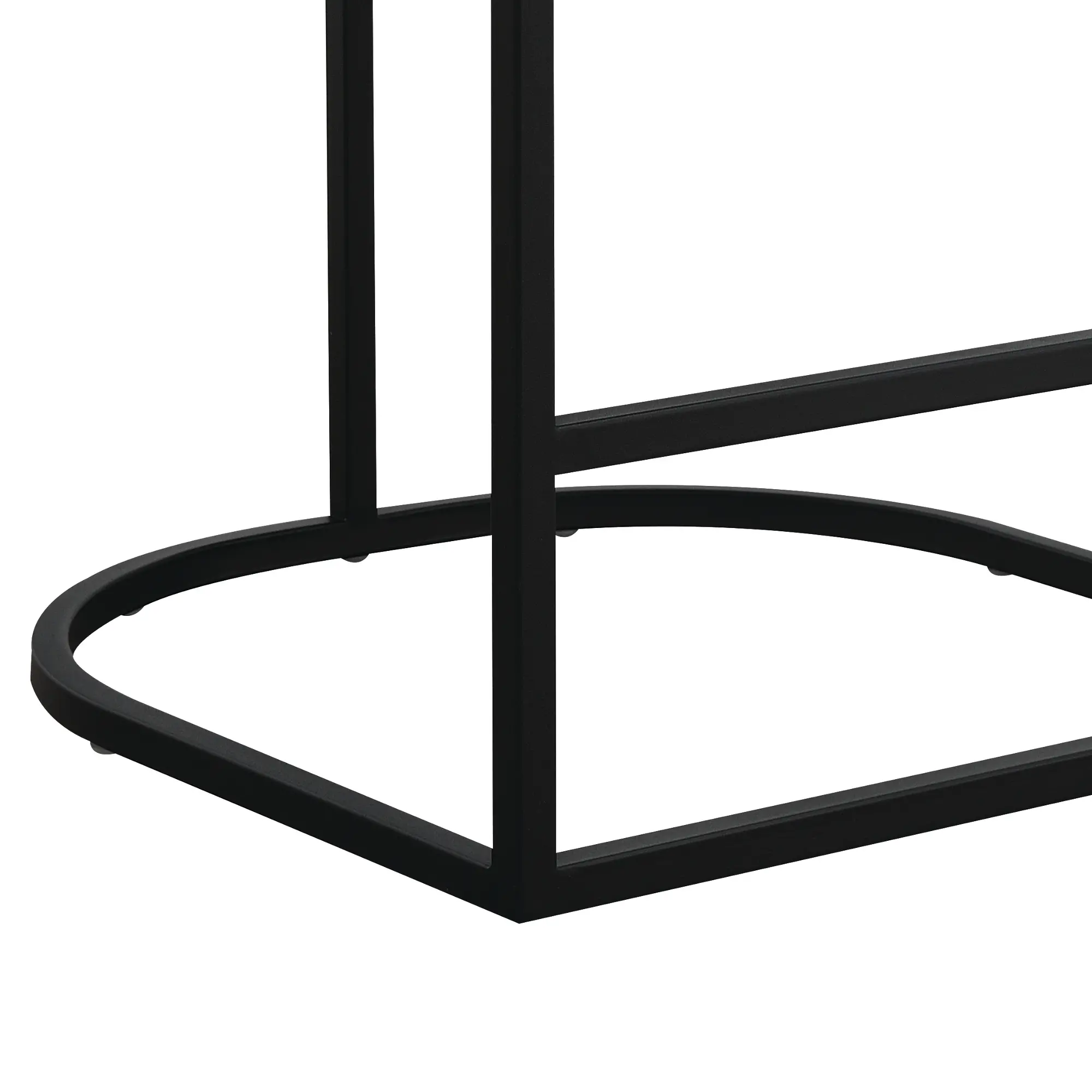 Base of the bar stool showing circular footrest and rectangular frame in black metal.