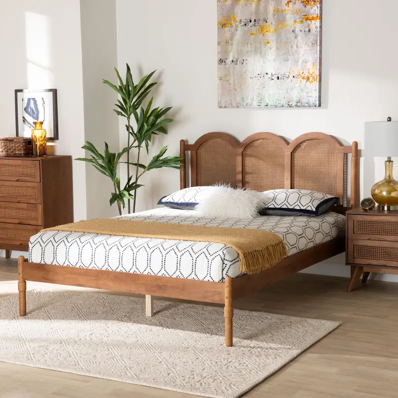 Thatcher Walnut Platform Bed with Woven Rattan Headboard