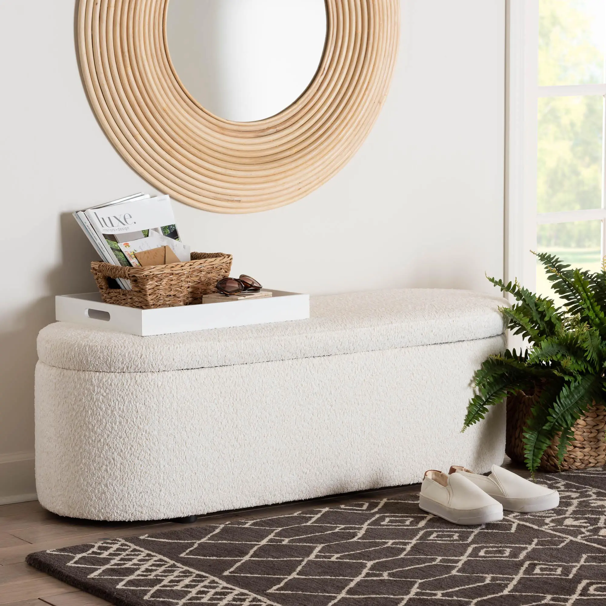 244-13652-RCW Lavina Modern White Boucle Storage Bench-2