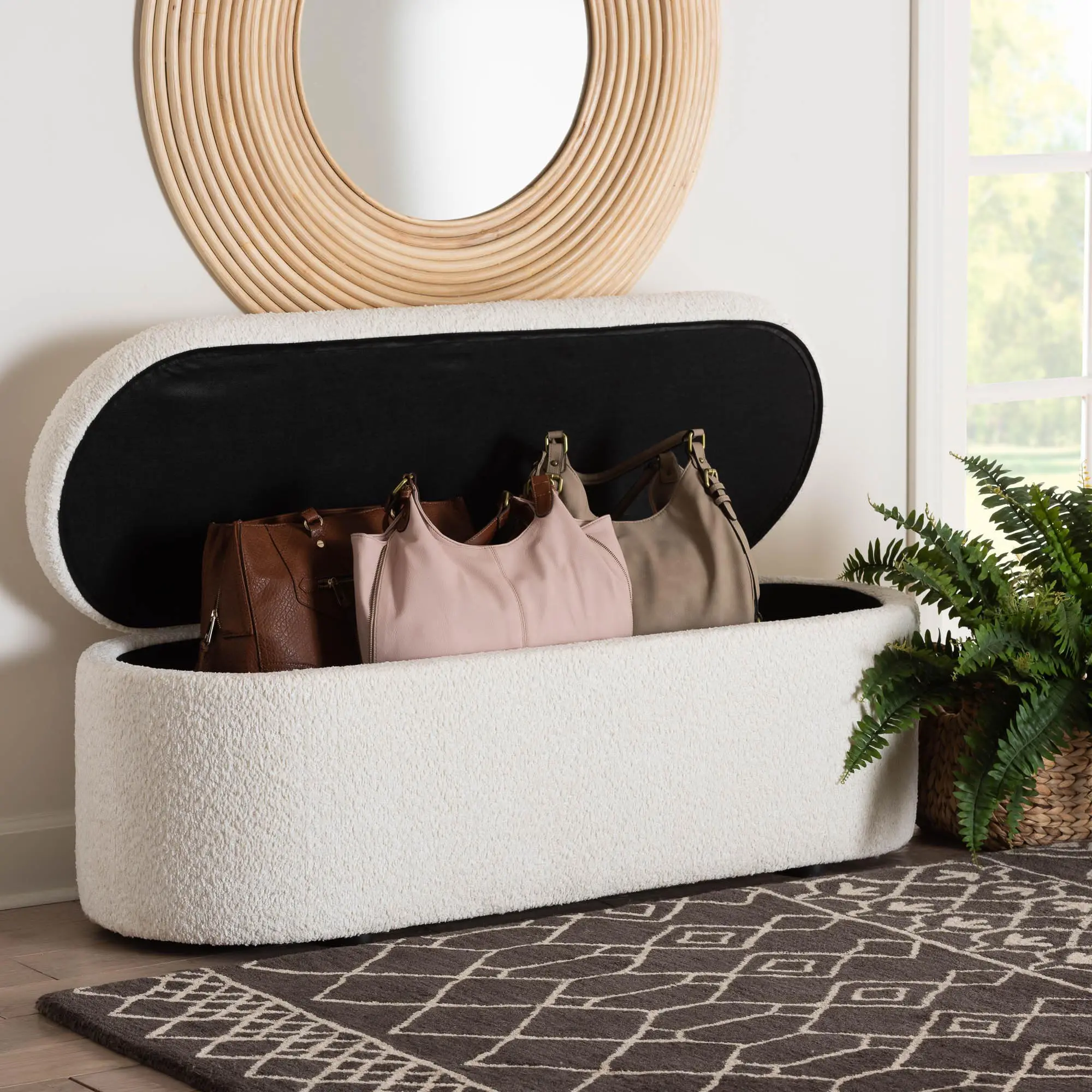 244-13652-RCW Lavina Modern White Boucle Storage Bench-3