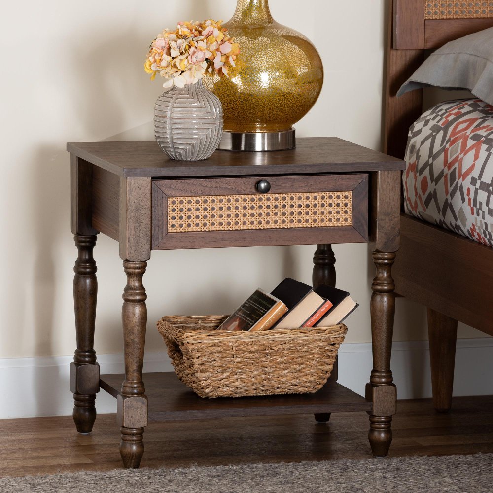 Roden Dark Brown and Rattan Nightstand