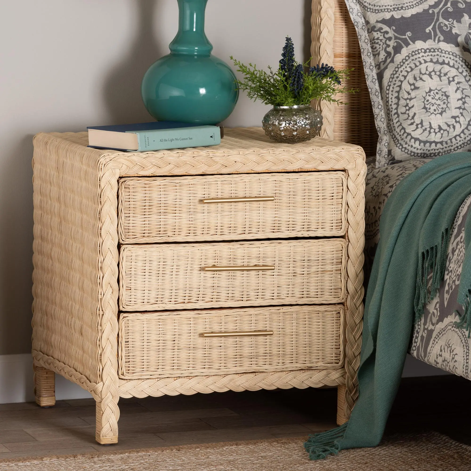 248-13728-RCW Lanica Light Brown Rattan 3-Drawer Nightstand-2