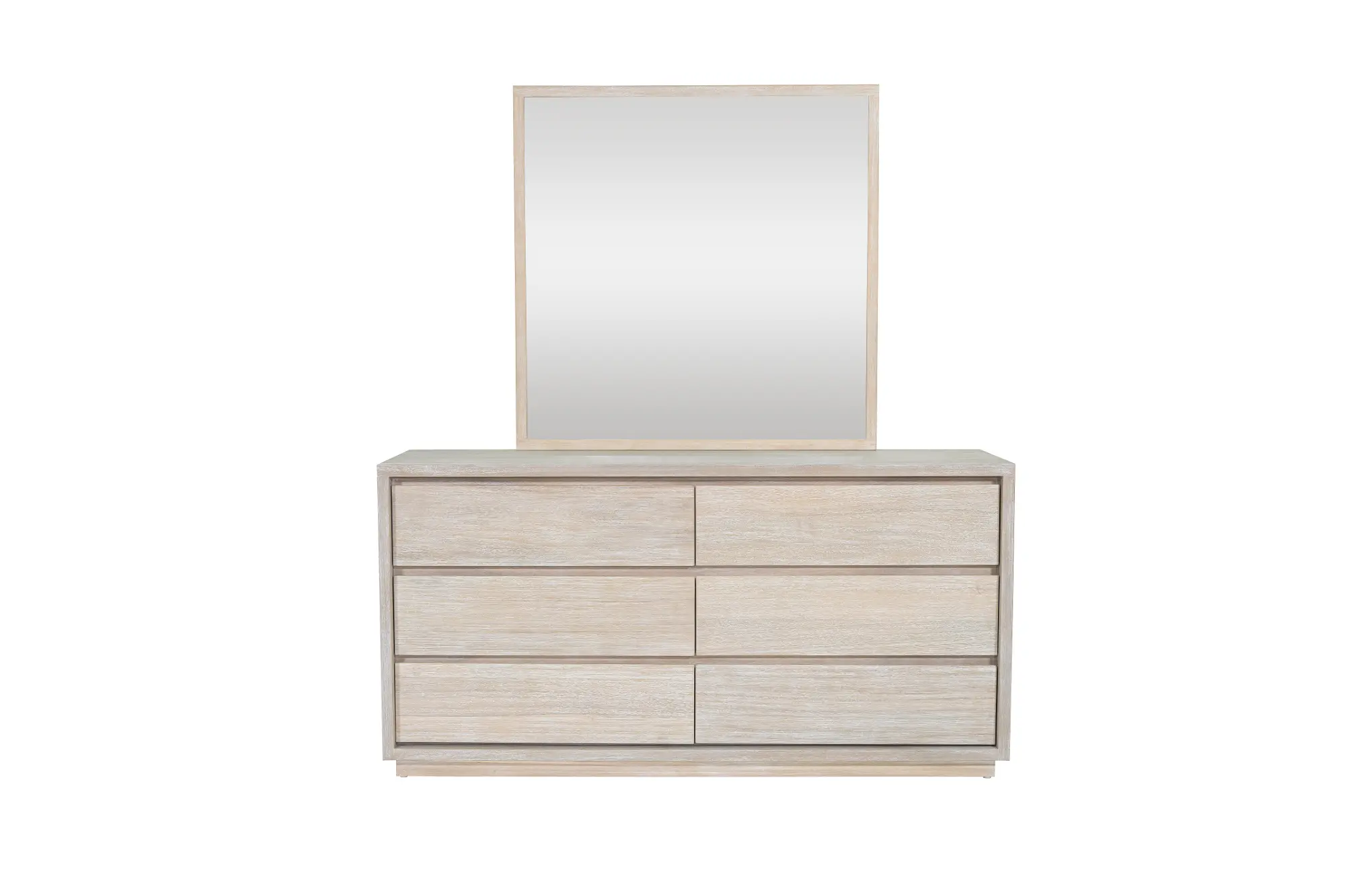 Light wood dresser with six drawers and a matching framed mirror on top, shown in a home setting.