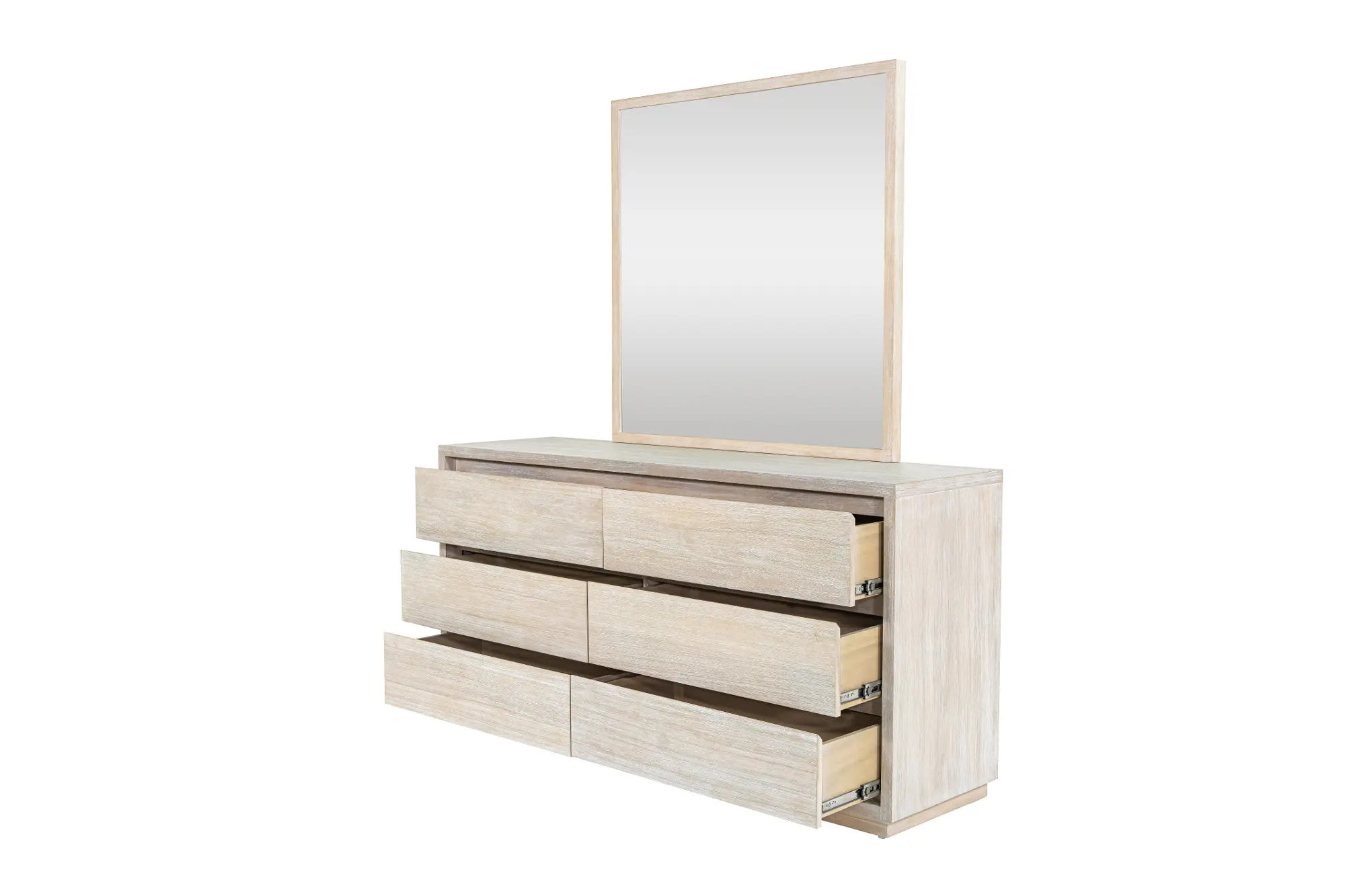 Mirror and dresser set with matching light wood finish and a rectangular framed mirror.