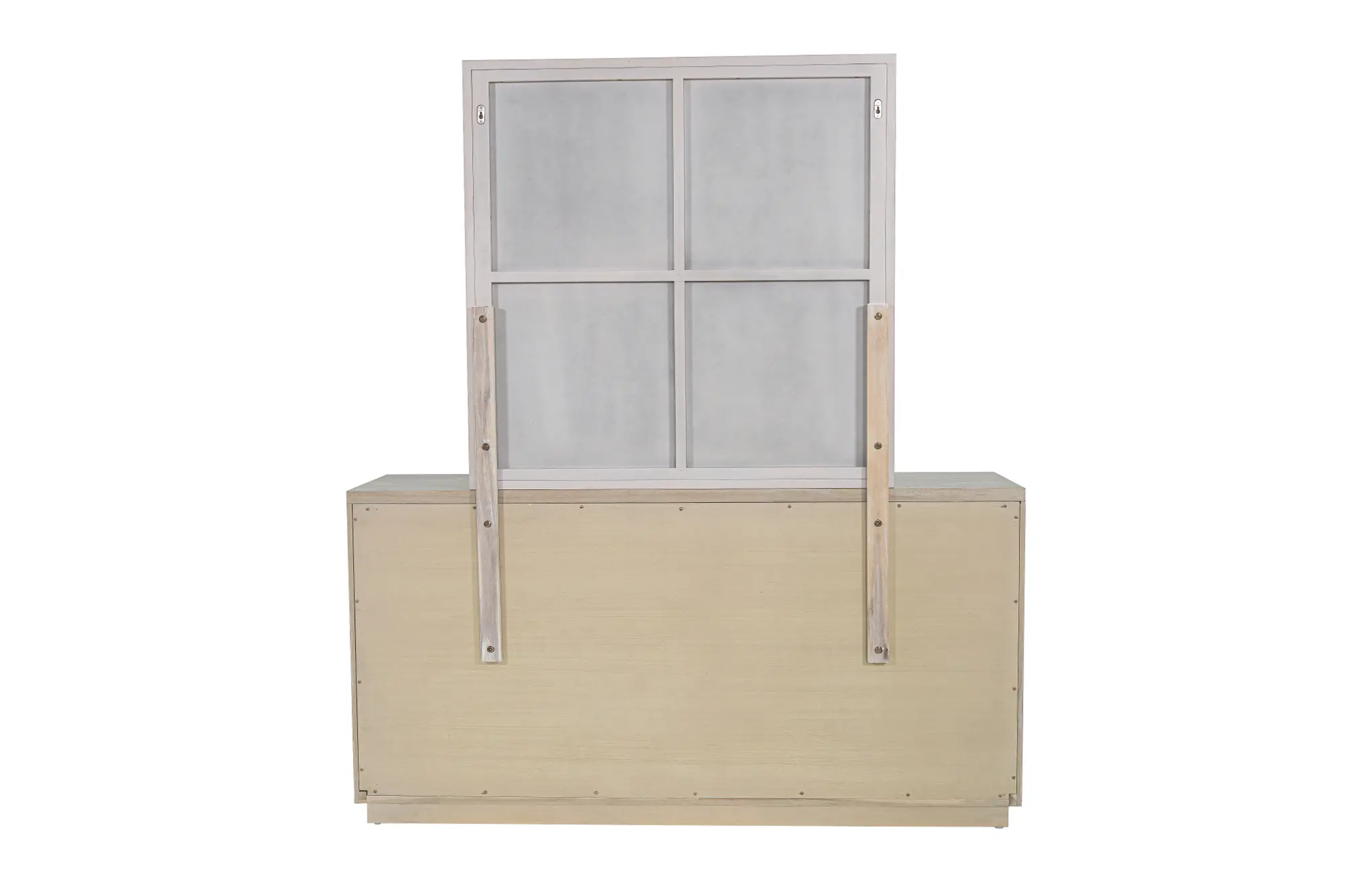 Dresser with four large drawers and a padded top, showing back view with bench-like base.