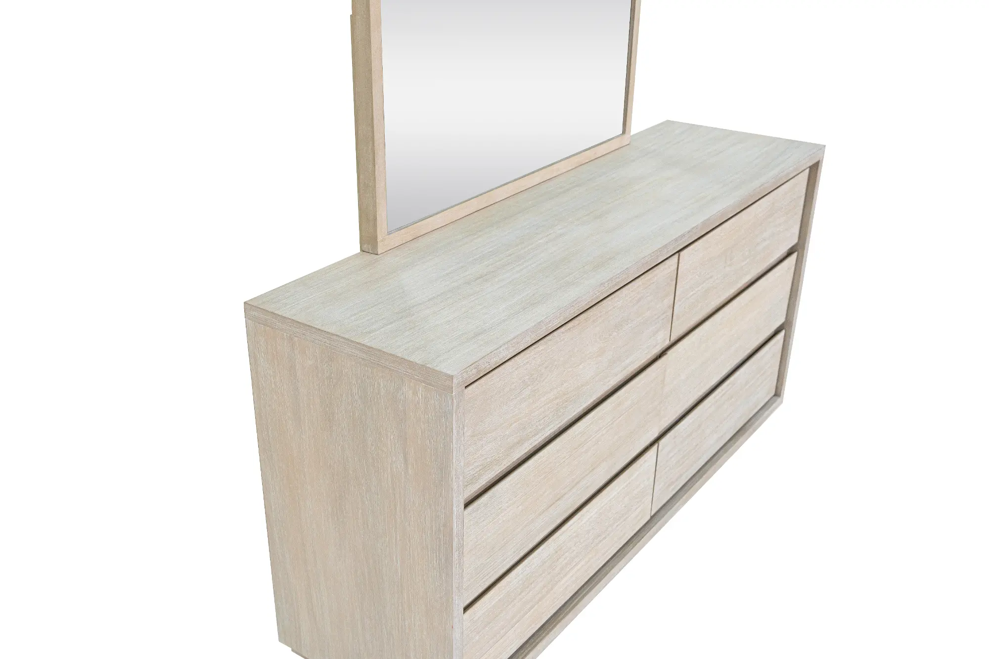 Dresser with mirror on top, viewed from an elevated angle in light wood finish.