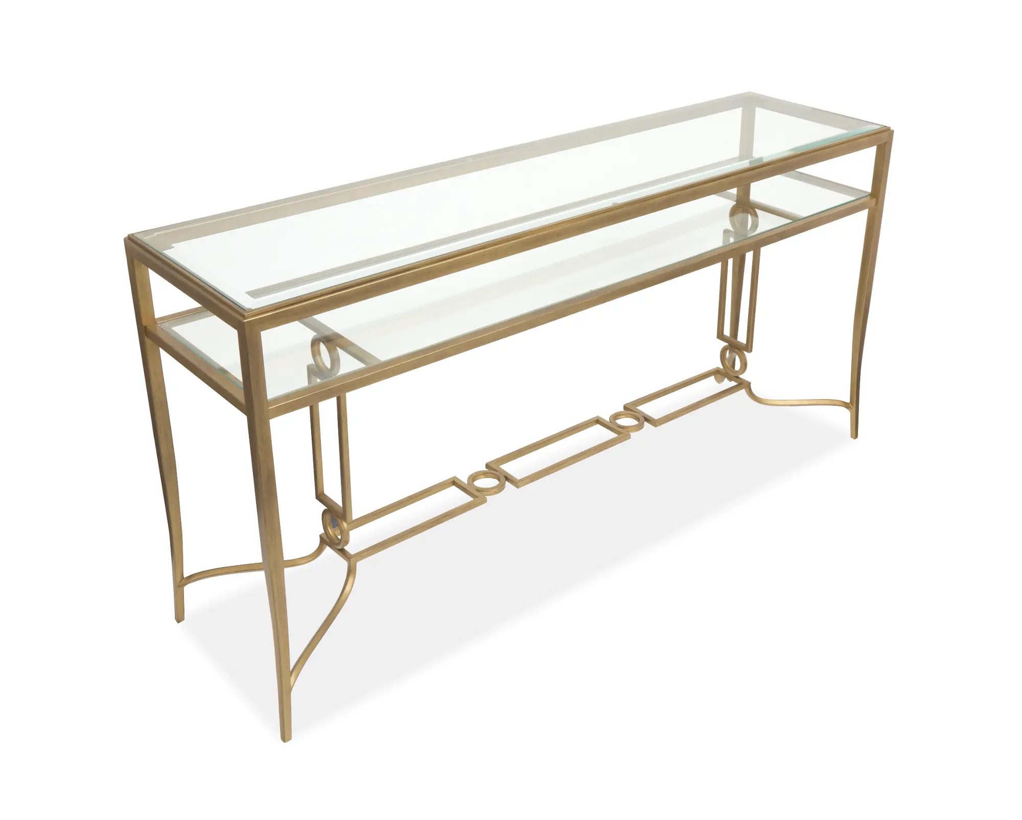 Close-up of the corner of the glass-top console table showing the gold frame and glass surfaces.