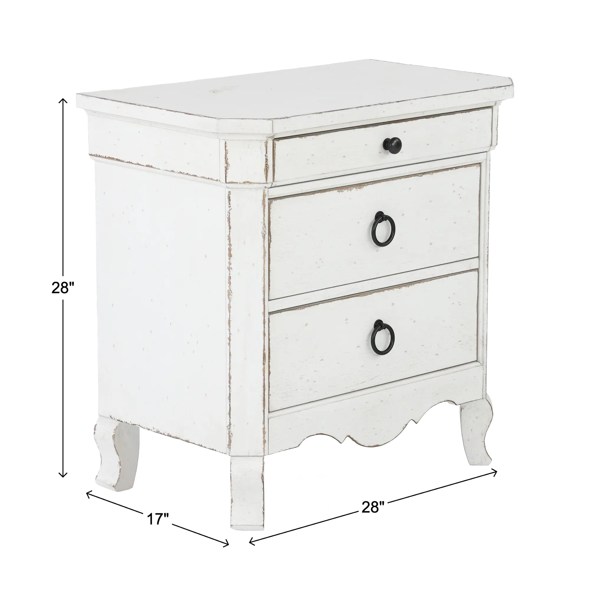White distressed nightstand with three drawers and black ring pulls.