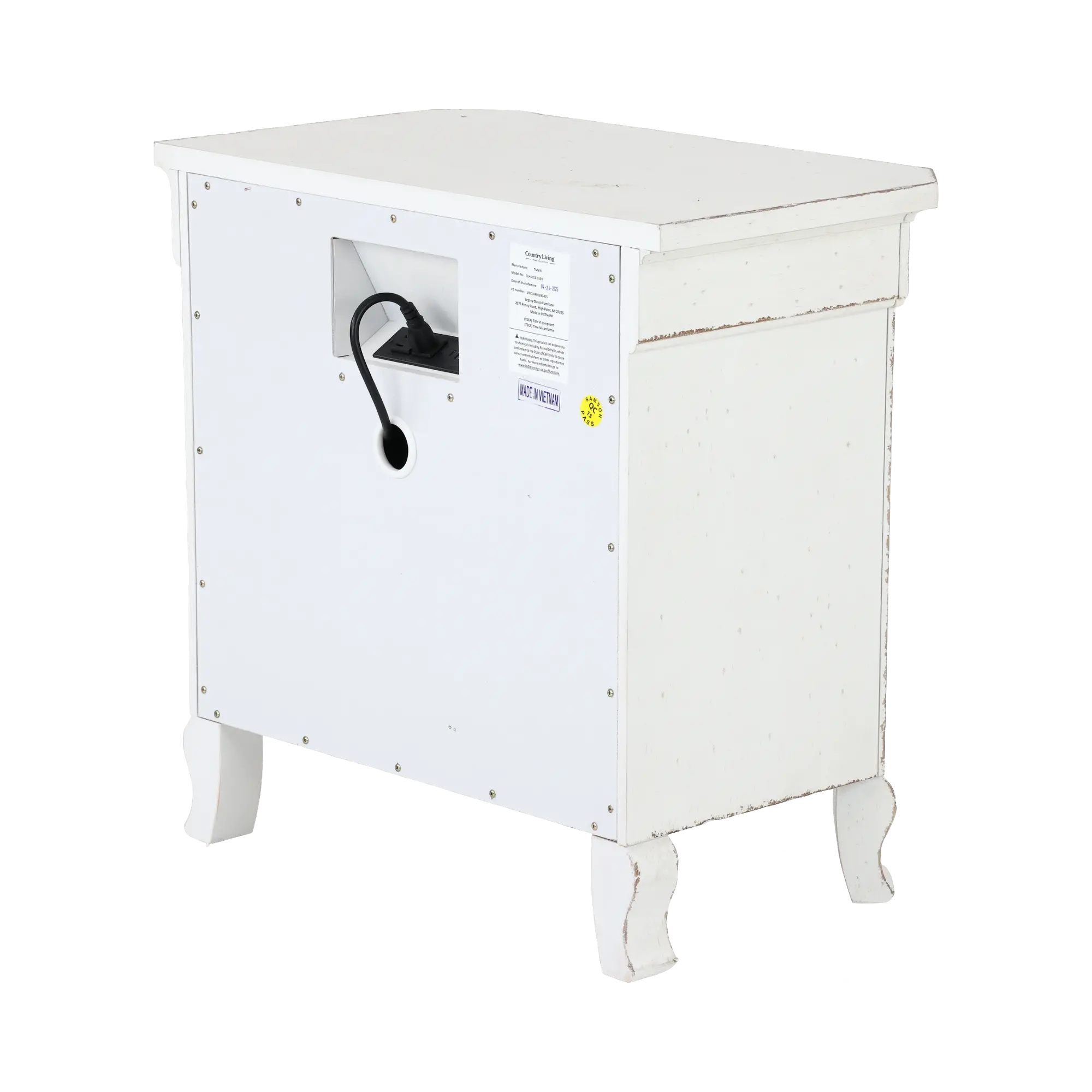 Open drawers of distressed white nightstand showing wooden interior and metal drawer slides.