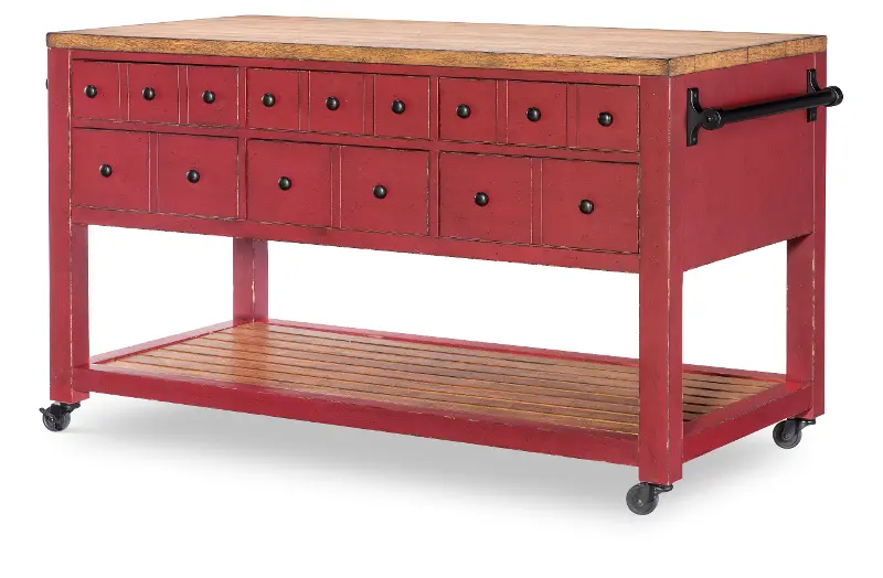 Country Living Oak and Red Green Kitchen Island