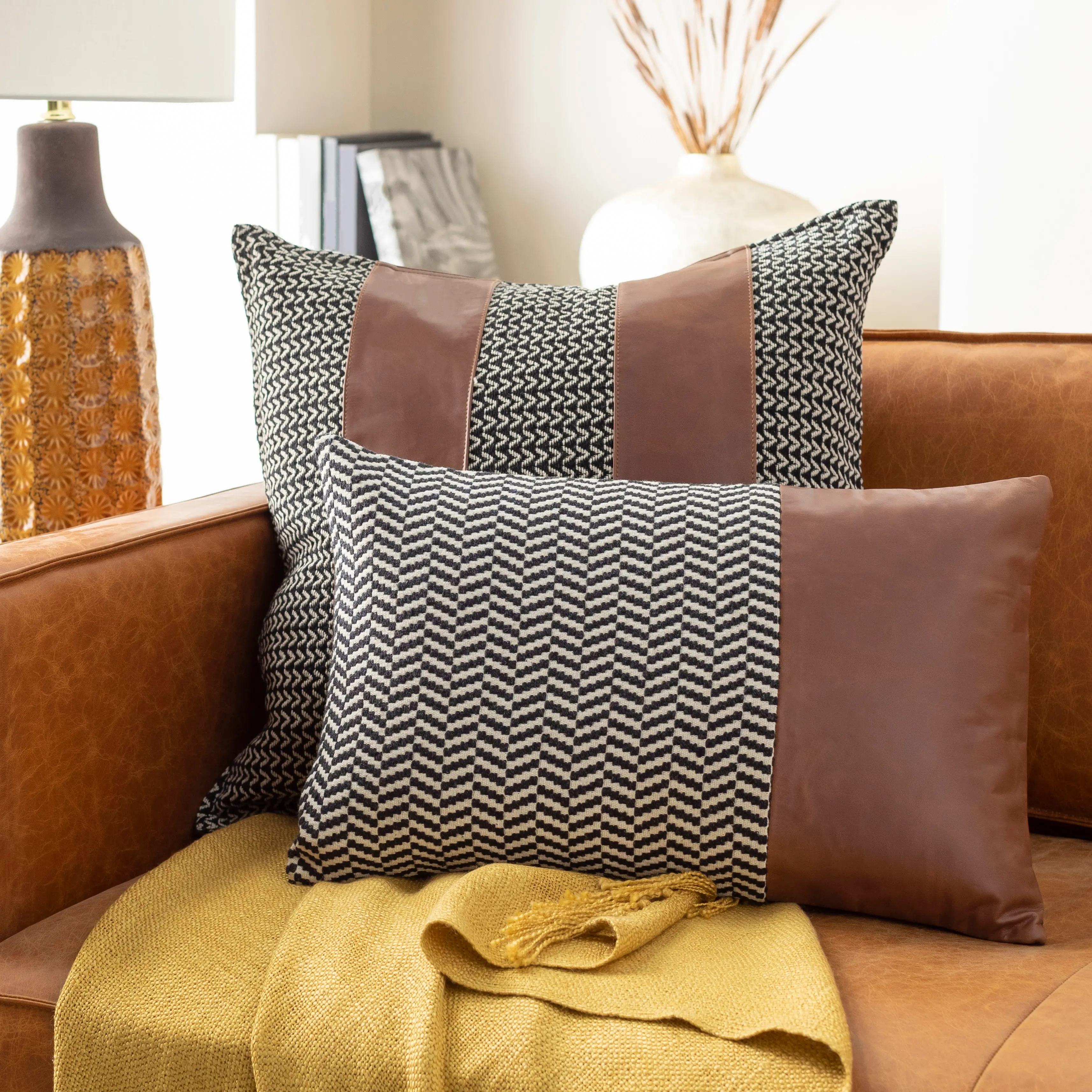 FNA0012020P Fiona Black and Brown Leather Accent Pillow-3