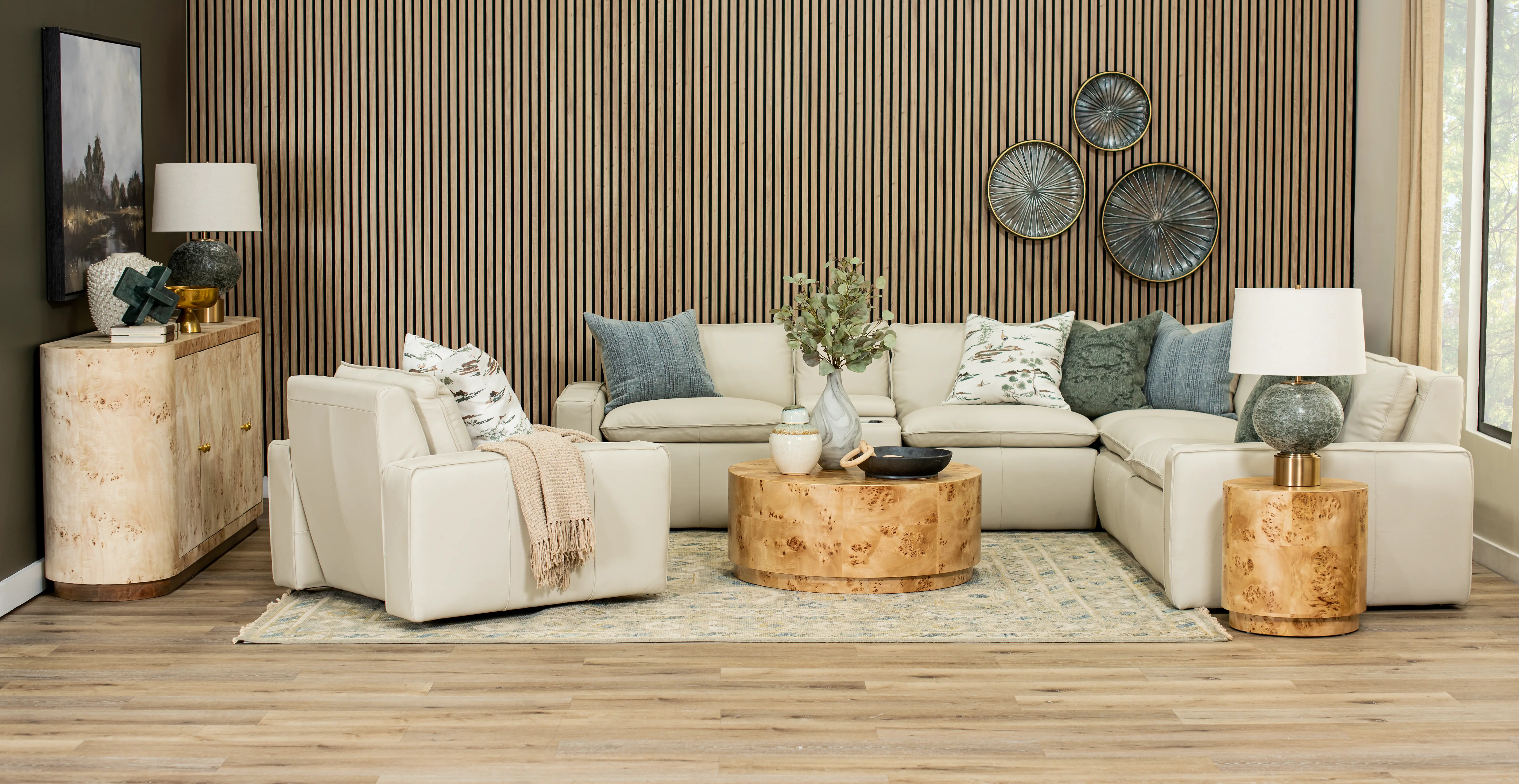 Oslo Off-White Leather 6 Piece Sectional with Console-2