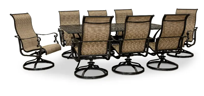 Montreal 9 Piece Black and Tan Swivel Chair Patio Dining Set