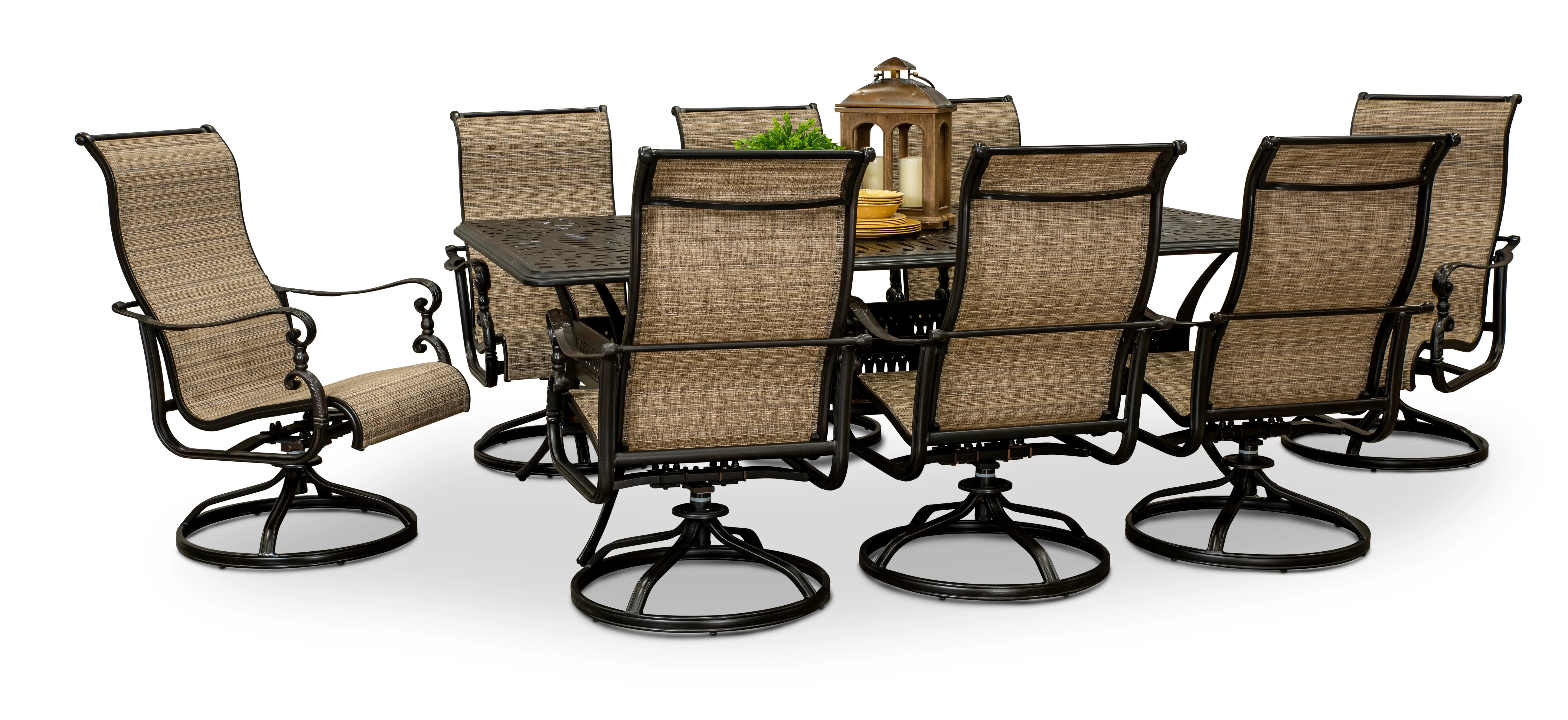 Montreal 9 Piece Black and Tan Swivel Chair Patio Dining Set-2