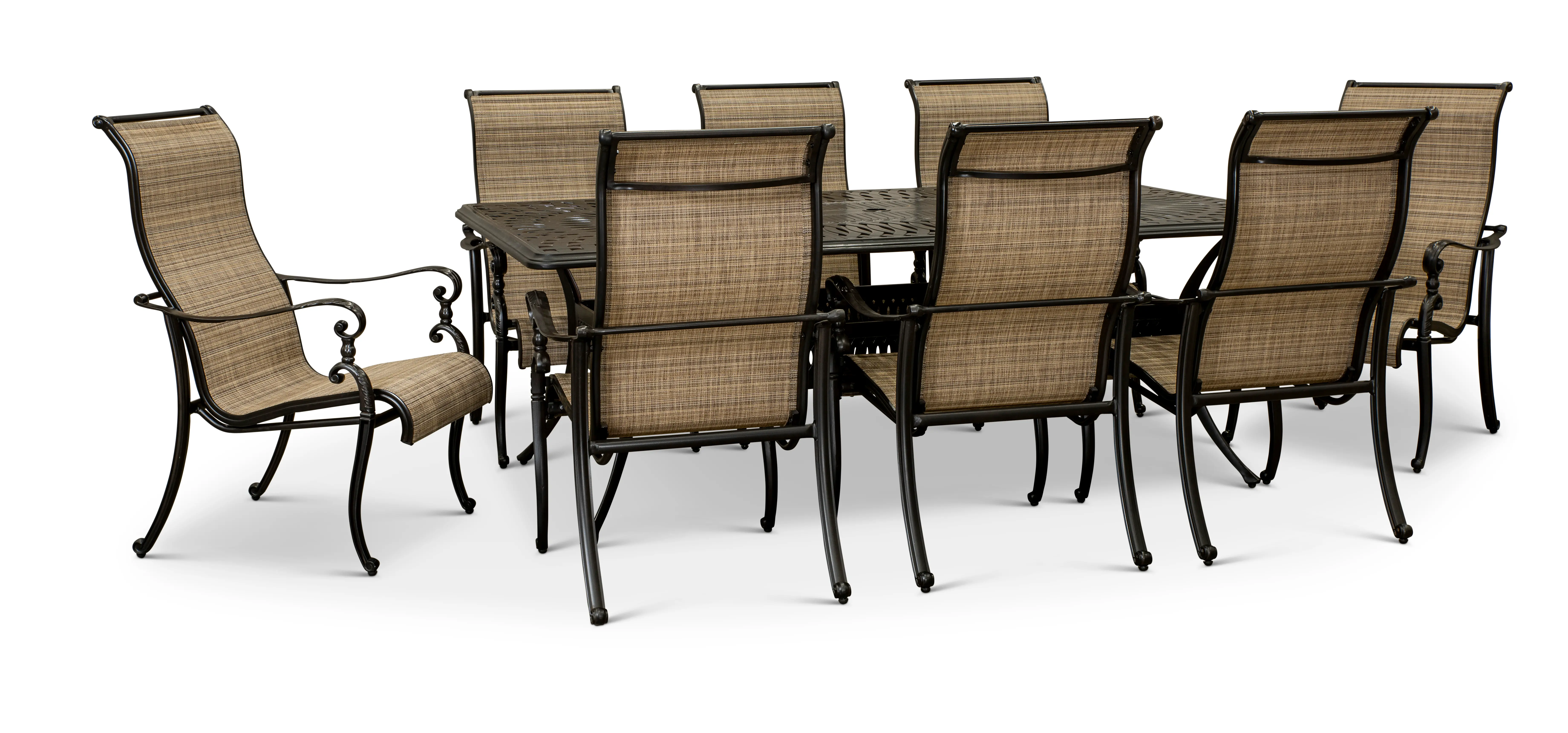 Montreal 9 Piece Brown Sling Chair Patio Dining Set-1