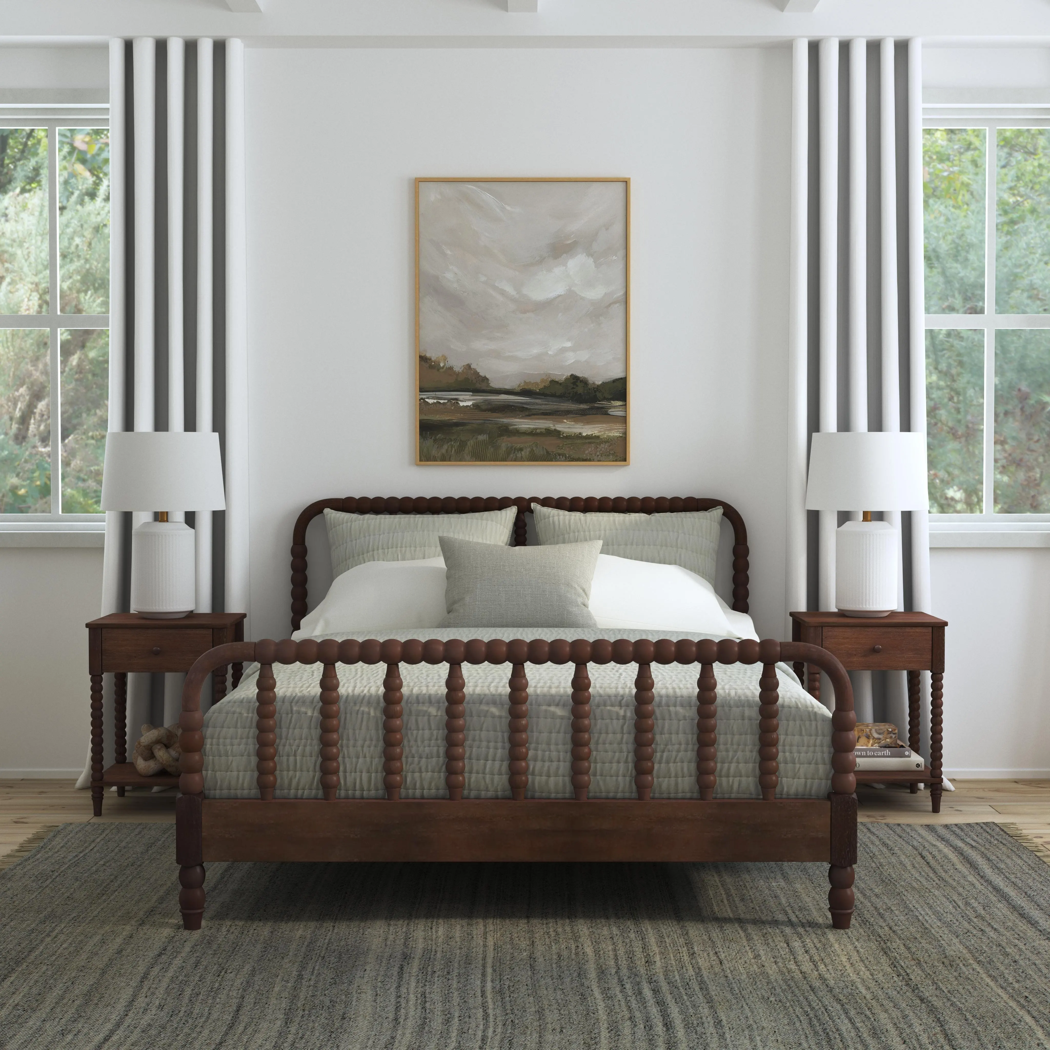 5900-5042 Spindle Queen Mahogany Bed and Nightstands-1