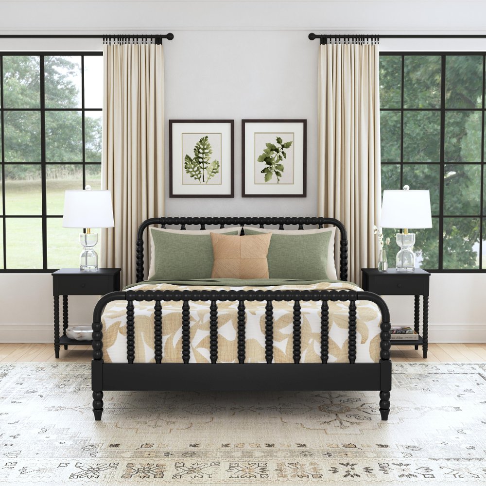 Spindle Queen Black Bed and Nightstands