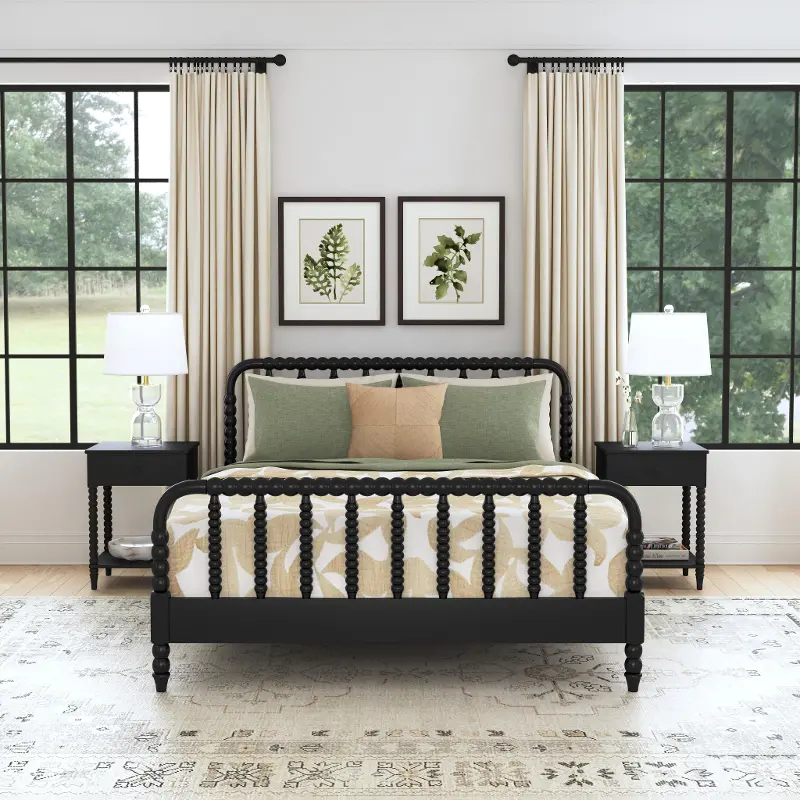 Spindle Queen Black Bed and Nightstands