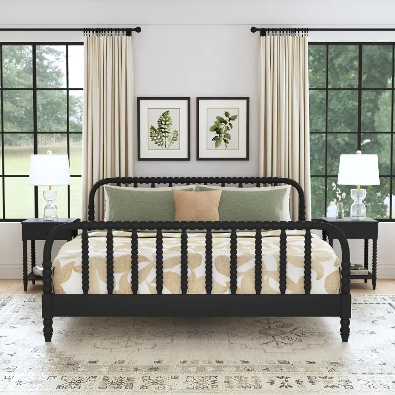 Spindle King Black Bed and Nightstands