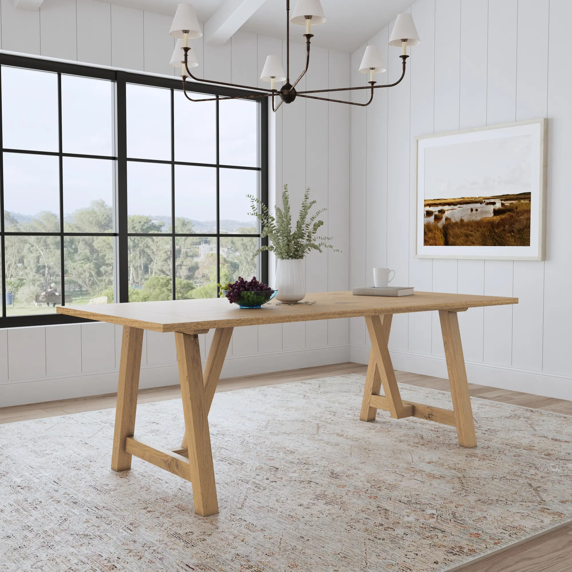 Top-down view of a wooden sideboard or cabinet with two large doors, wood grain, light oak finish.