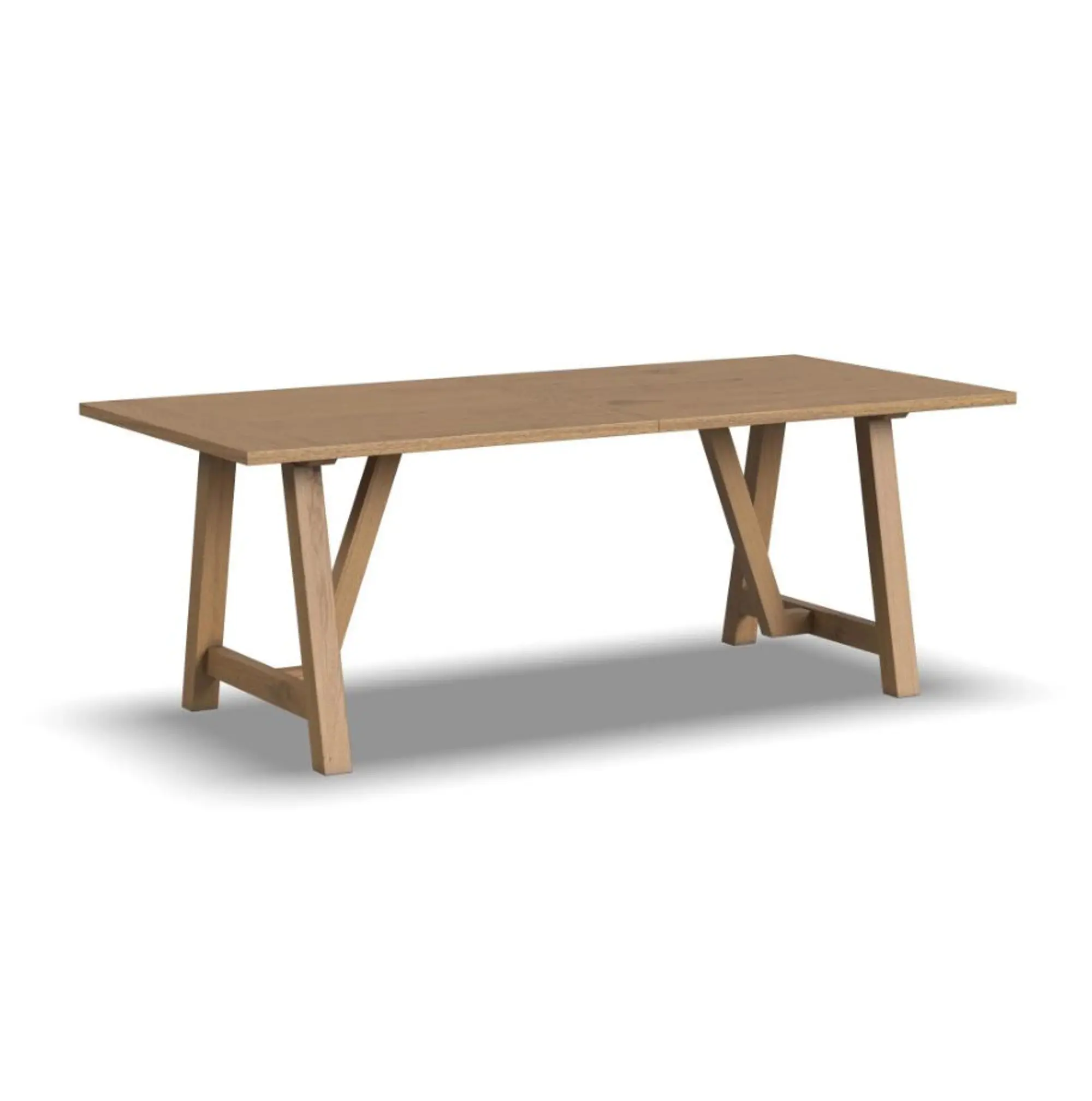A wooden dining table with trestle style legs, light oak finish, clear wood grain.