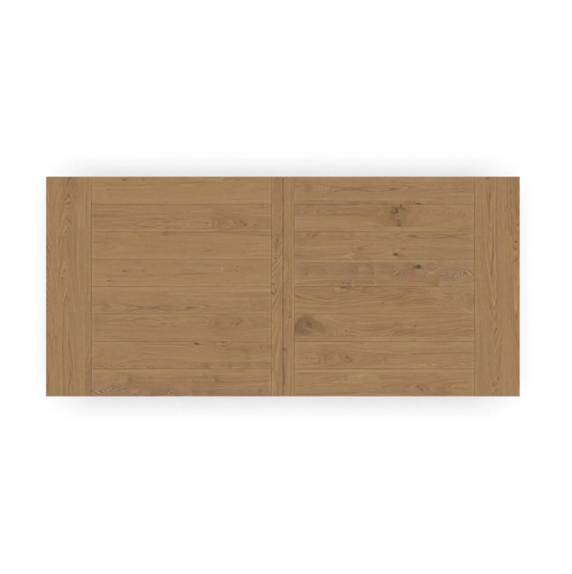 Close-up view of a wooden dining table showing rectangular top and trestle legs.