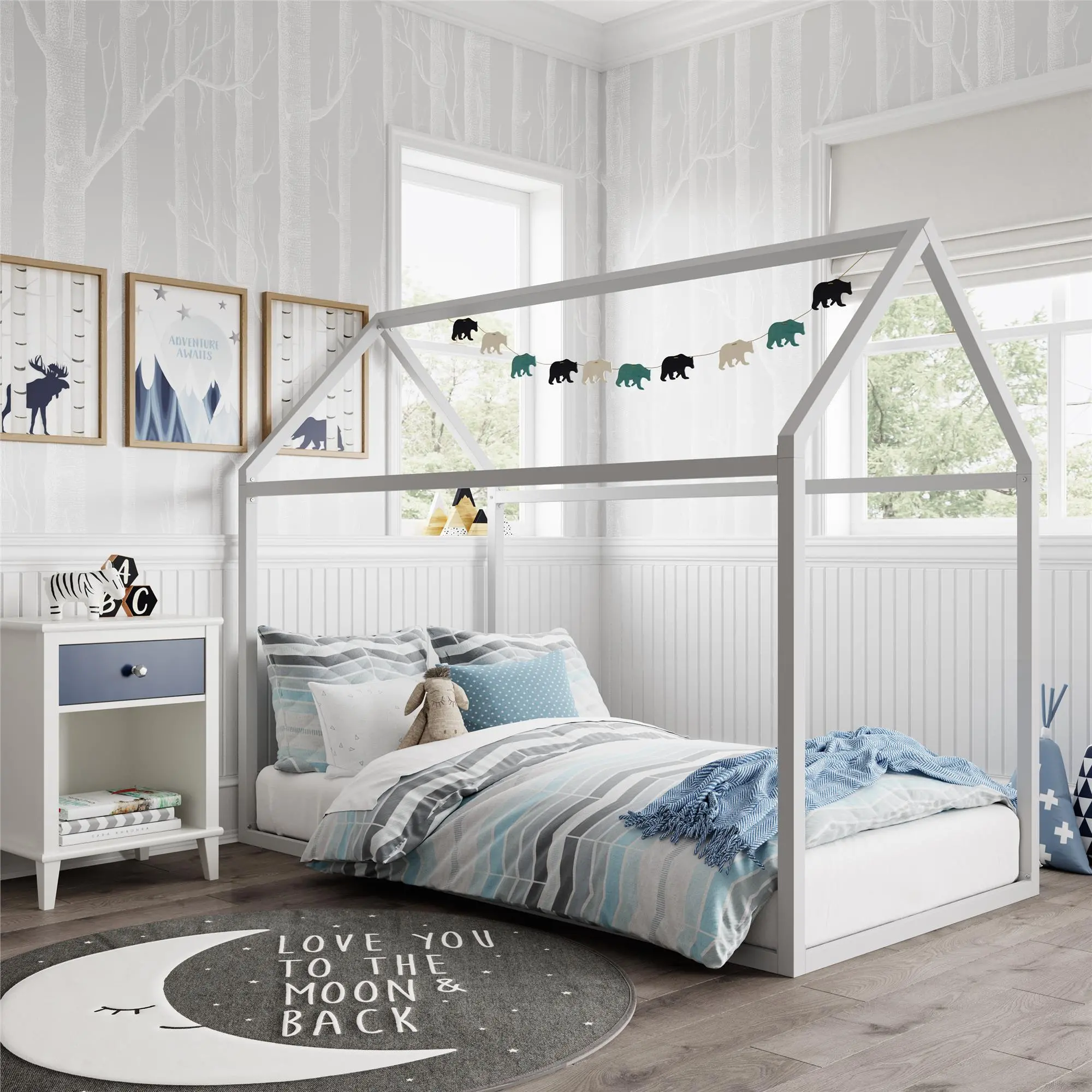 Little Seeds Skyler Dove Gray Metal Montessori House Twin Bed-2