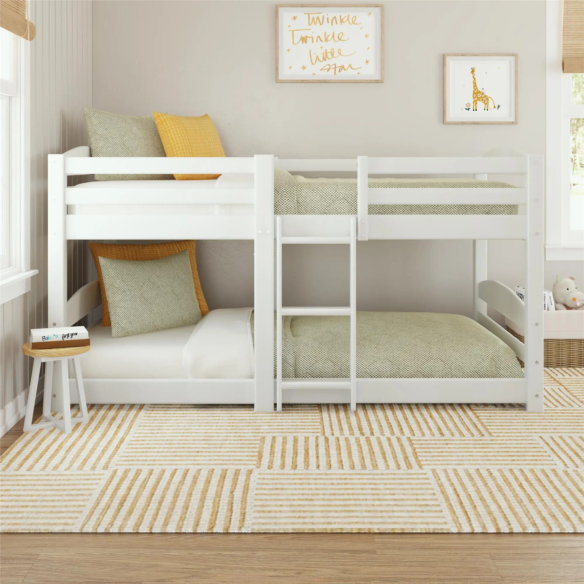 Birley White Twin Over Twin Low Wood Bunk Bed-1